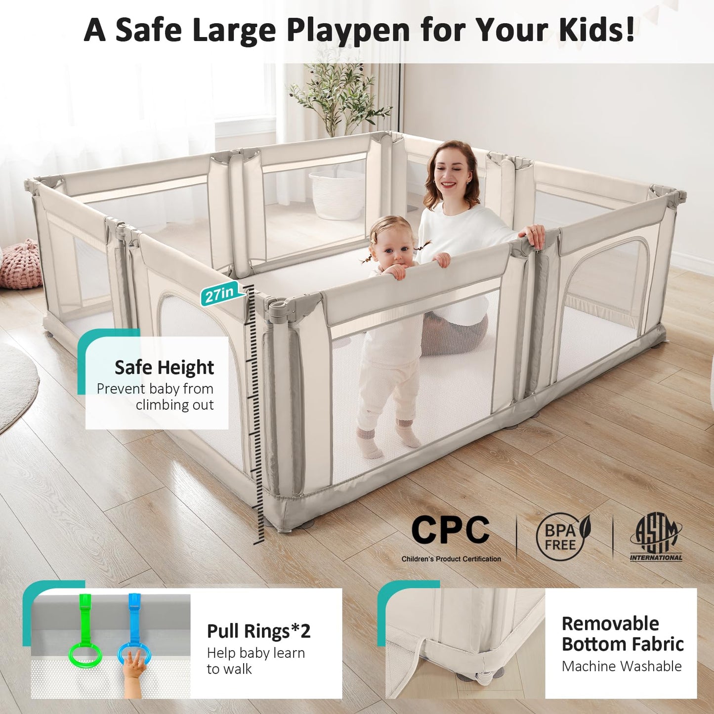Doradotey Baby Playpen, Shape &Size Adjustable Large Baby Playard for Babies and Toddlers, Foldable Playpen Fence Indoors Play Center Yards, Breathable Mesh Anti-Fall Play Pen 79x71, Cream