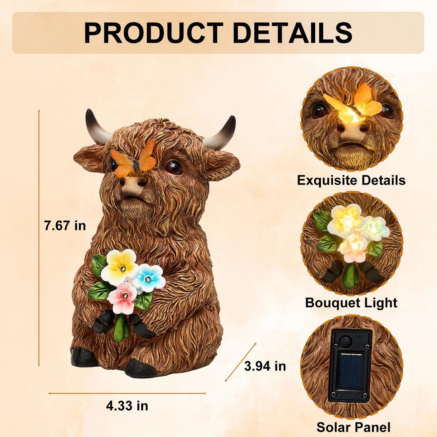 LXOUMEI Solar Highland Cow Outdoor Statue, Garden Sculpture with Lighted Butterfly & Flowers Decor, Highland Cow Figurine for Patio Yard Lawn Ornaments for Birthday