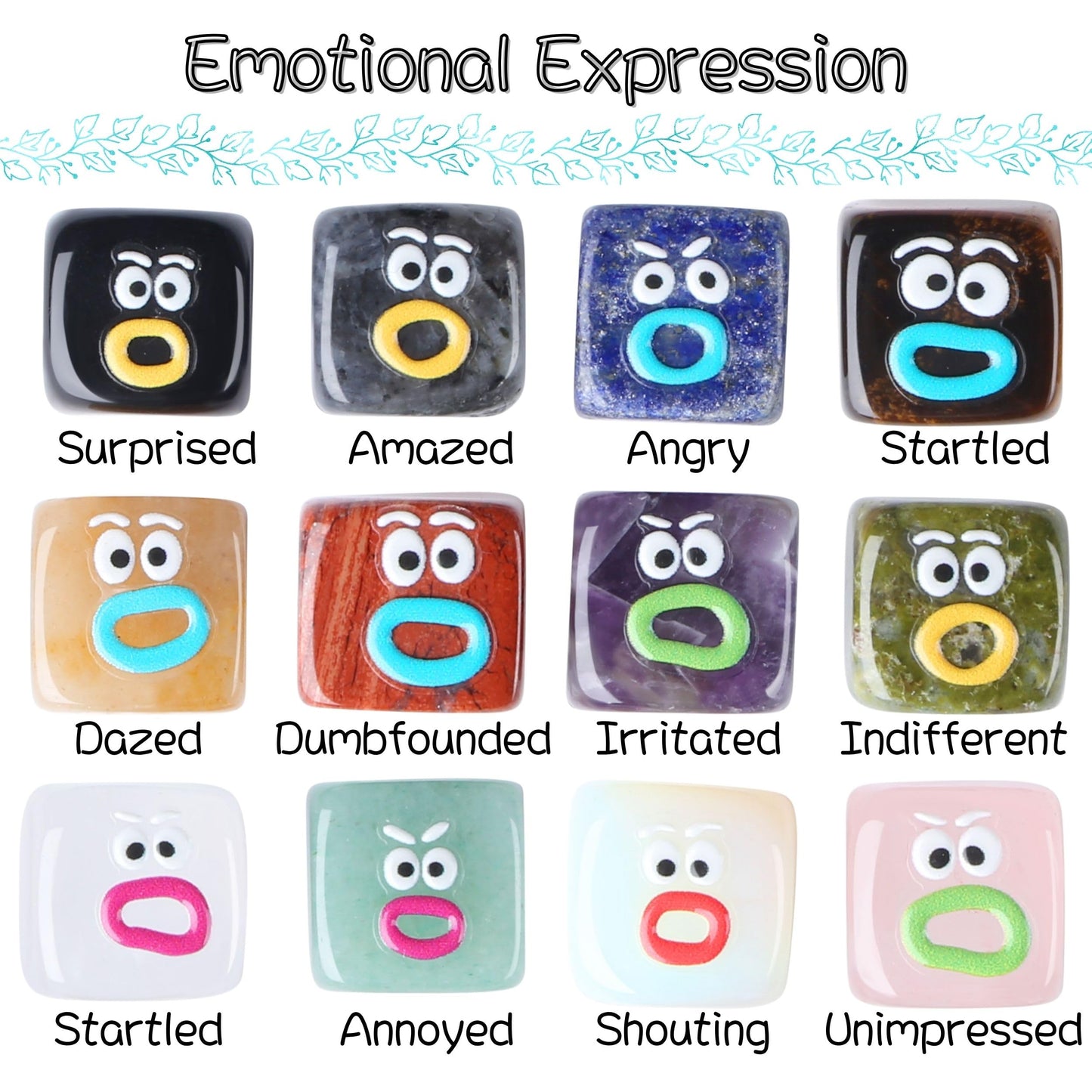 XIANNVXI Funny Emotion Polished Stone Gift 12pcs Cute Emoji Carving Cube Figurine Crystals Rock Present Novel Mothers Day Birthday Graduation Gifts for Women Men Natural Healing Crystals Stones