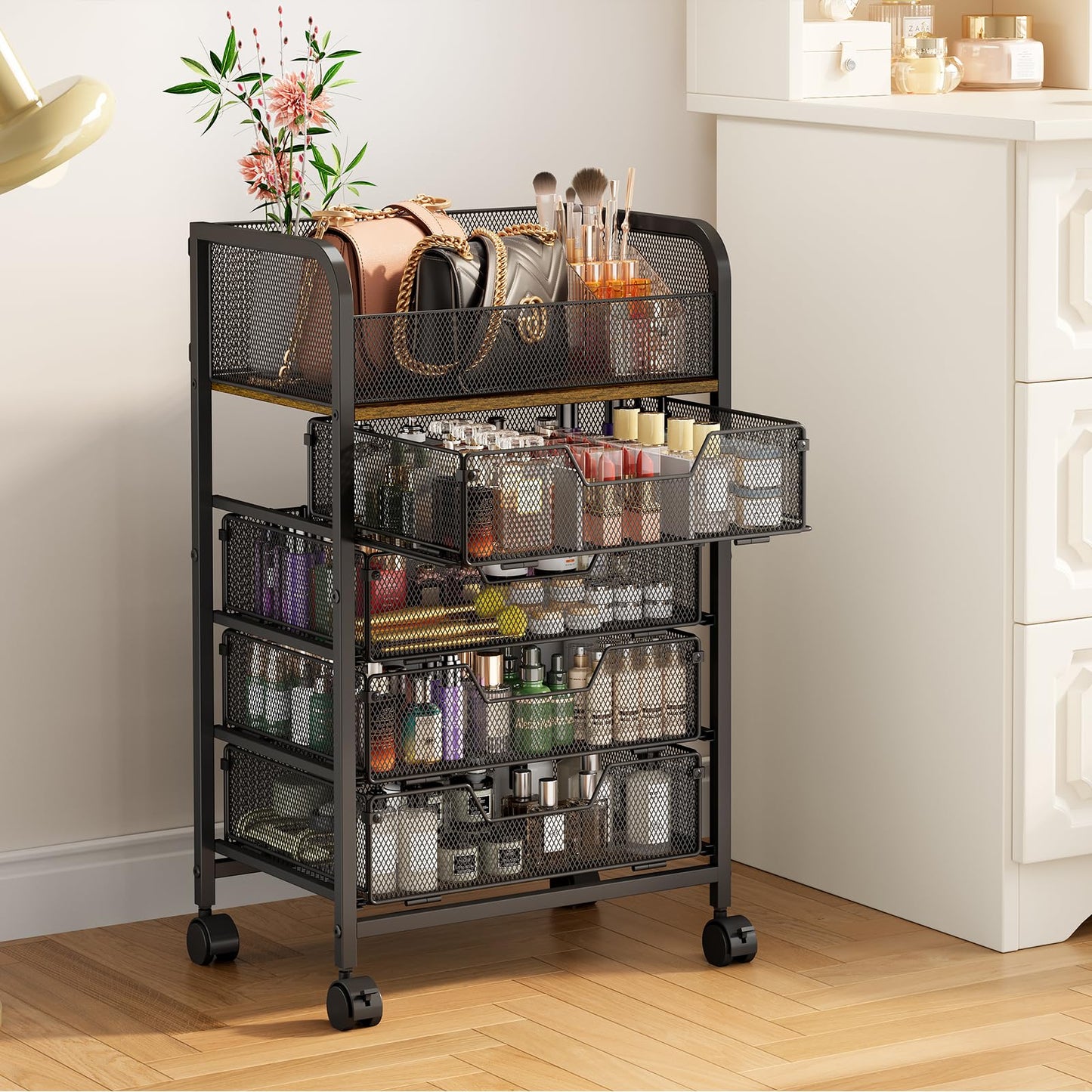 Yociyoga 5-Tier Craft Cart with Wheels-Rolling Storage Cart with Drawers,Rolling Utility Cart with DIY Divider,Art Supply Organizer Cart,Rolling Cart with Drawers,Craft Organizers and Storage,Black