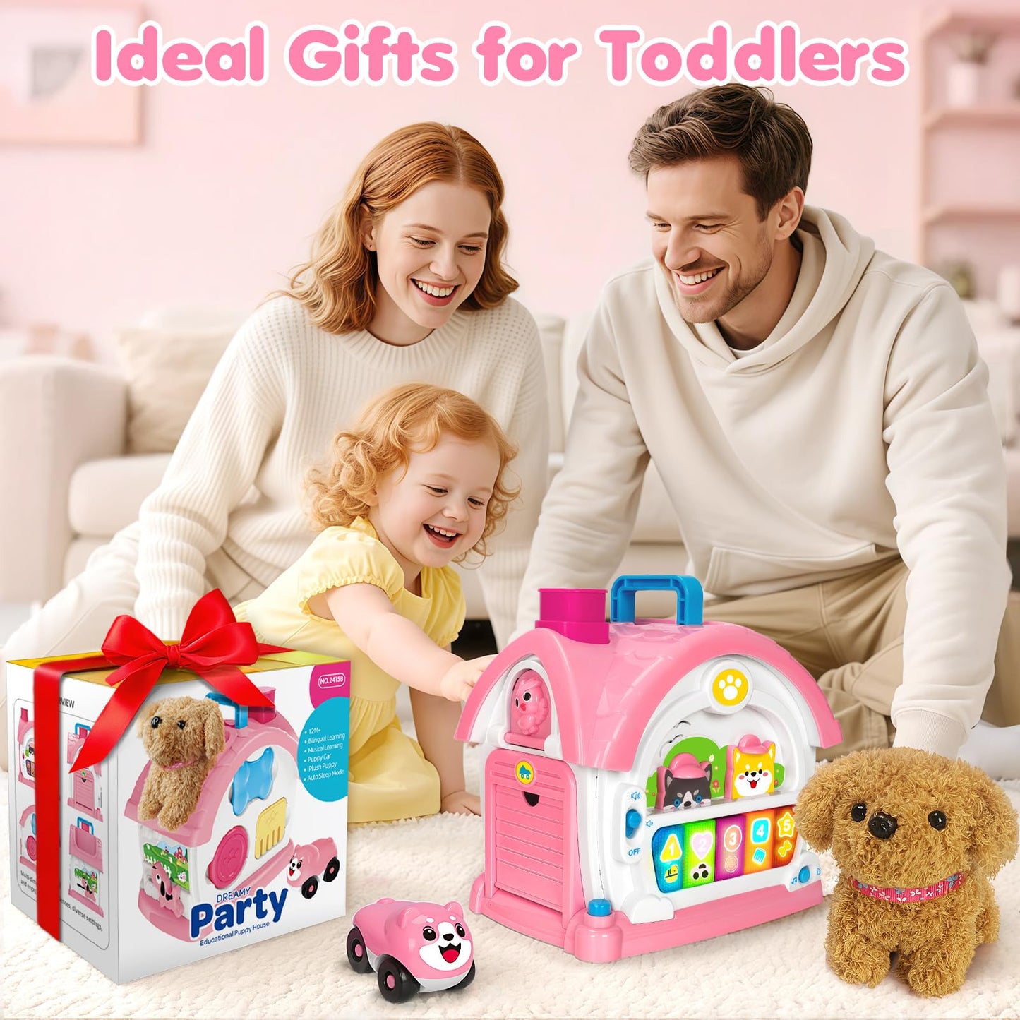 Ellinjan Montessori Toys for 1 2 3 Year Old Girl Gifts, Baby Musical Toys 12 18+ Months, 10 in 1 Bilingual Learning Toy with Sound Light, Cute Toy with Plush Puppy, First Birthday for Toddlers