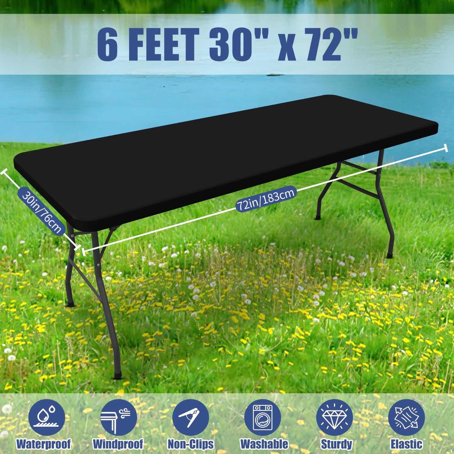 Moosfor Spandex 6 Foot Rectangle Table Cloth 2 Pack, Elastic Fitted Tablecloths for Picnic, Stretch Washable Patio Table Cover for Outdoor, Camping, Banquet and Parties (Black, 30"x72")