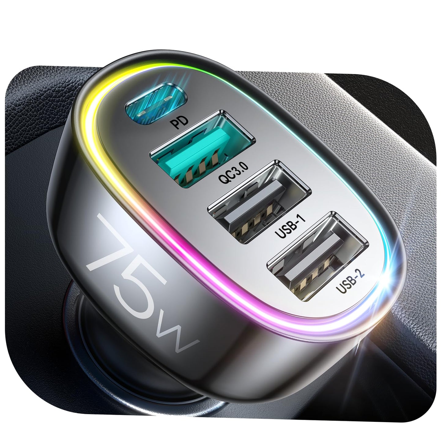 USB C Car Charger Cigarette Lighter Adapter 75W 4-Port Fast Car Charger Fast Charging Compatible with iPhone16/15/14/13 Series