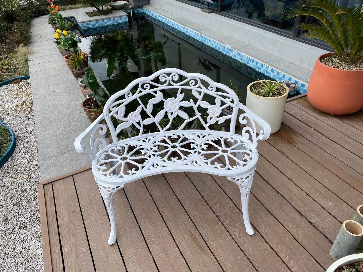 Patio Balcony Bench Double Seat, Anti-Rust Cast Aluminum Patio Garden Bench for Park Yard Outdoor Furniture White.1
