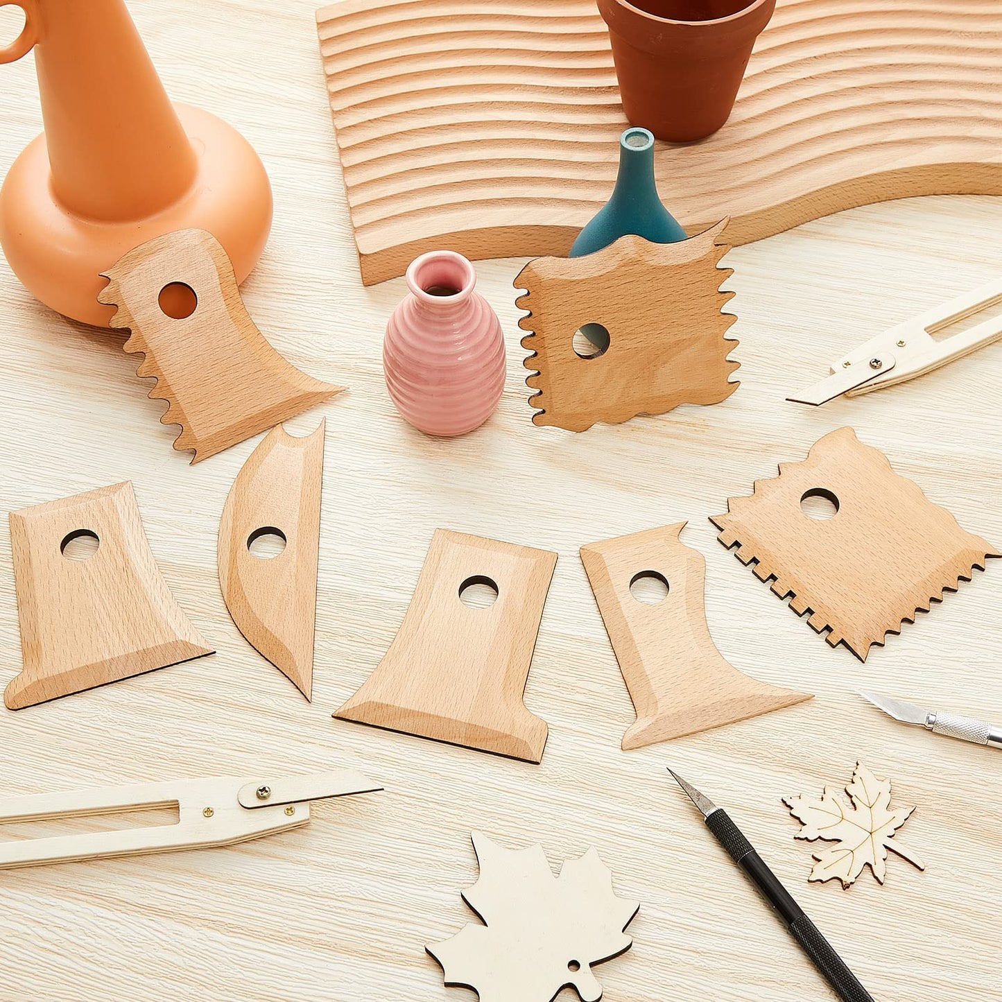 Amylove 7 Pcs Pottery Tools Pottery Foot Shaper Trimming Tools Profile Rib Bundle Foot Shaper for Ceramics for Carving Clay Molds Clay Texture Ribs Ceramics, Beech Wood (Stylish Style,Wood Color)