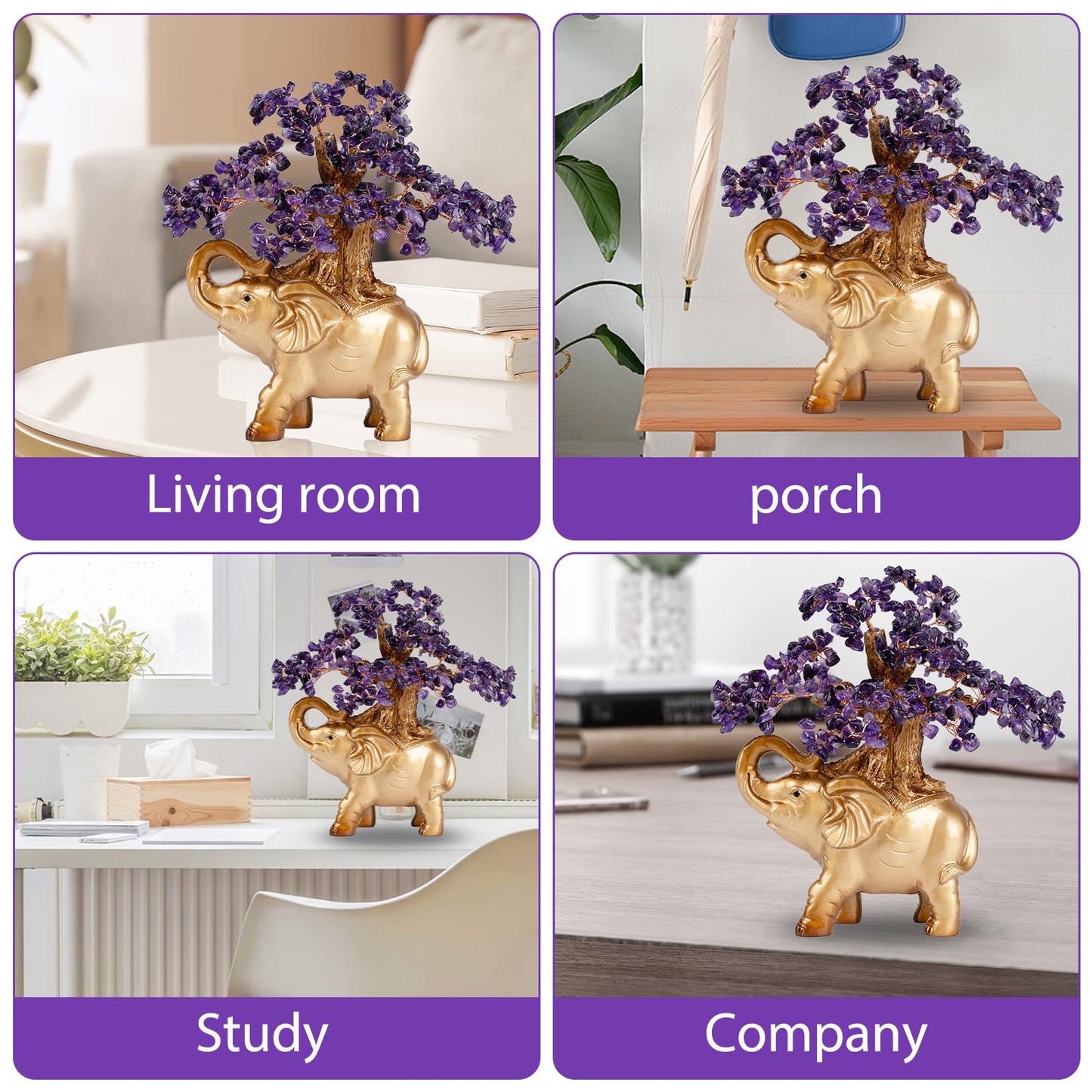GEMBOURY Amethyst Crystal Money Tree on Gold Mini Elephant Statue, 10”Gemstone Bonsai Tree of Life Home Décor Gifts for Wealth Positive Energy, Feng Shui Décor