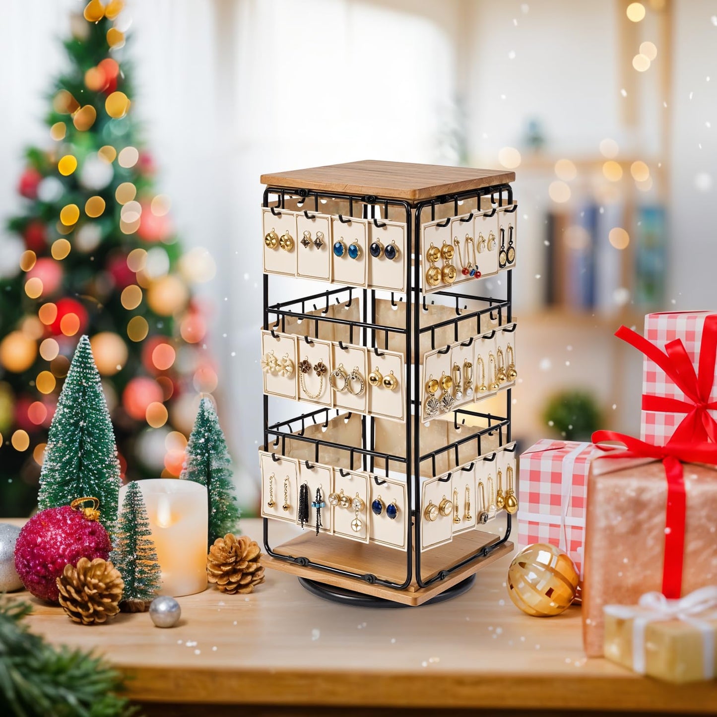 Rotating Earring Display Holder Stand for Vendors Events Selling, Large Capacity 48 Hooks Jewelry Rack with Wooden Base for Earring Card Sales, Enhances Retail Visibility