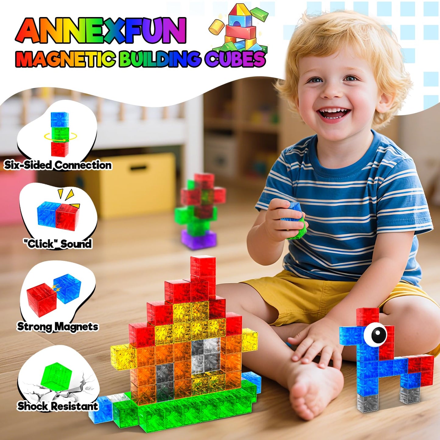 Annexfun 56PCS Magnetic Blocks - Transparent Magnetic Cubes, Toddlers Building Blocks,Montessori Preschool STEM Educational Sensory Toys for Kids Ages 3+ Boys & Girls Birthday Gifts (1IN)