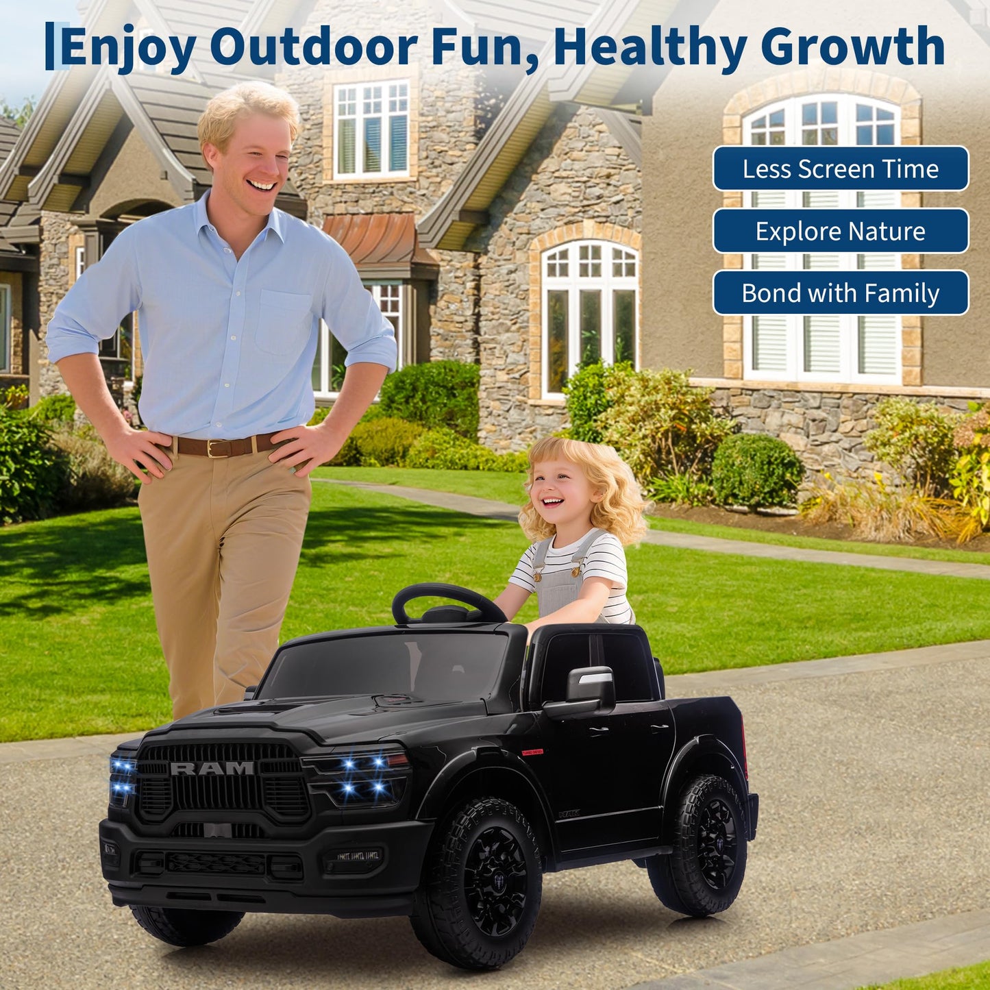 24V Ride on Car for Big Kids Licensed RAM 2500, 24v Ride on Truck w/Remote Control, Toddler Ride on Toys w/Bluetooth, Spacious Truck Bed, 3 Speed, LED Lights, Suspension, Gifts for Boys Girls, Black