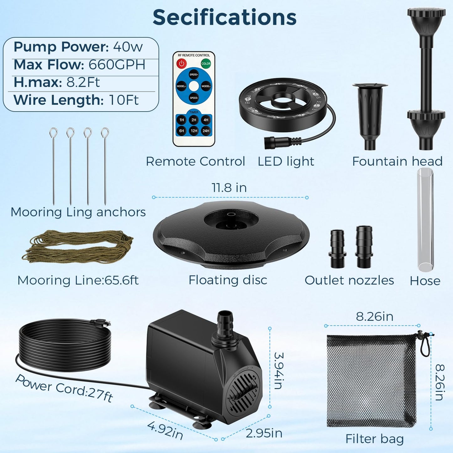 POPOSOAP Floating Fountain With LED Lights, Pond Fountain and Aerator Complete Kit with 660GPH Water Pump 27FT Power Cord, 3 Spray Styles for Ponds, Pool, Water Gardens P130
