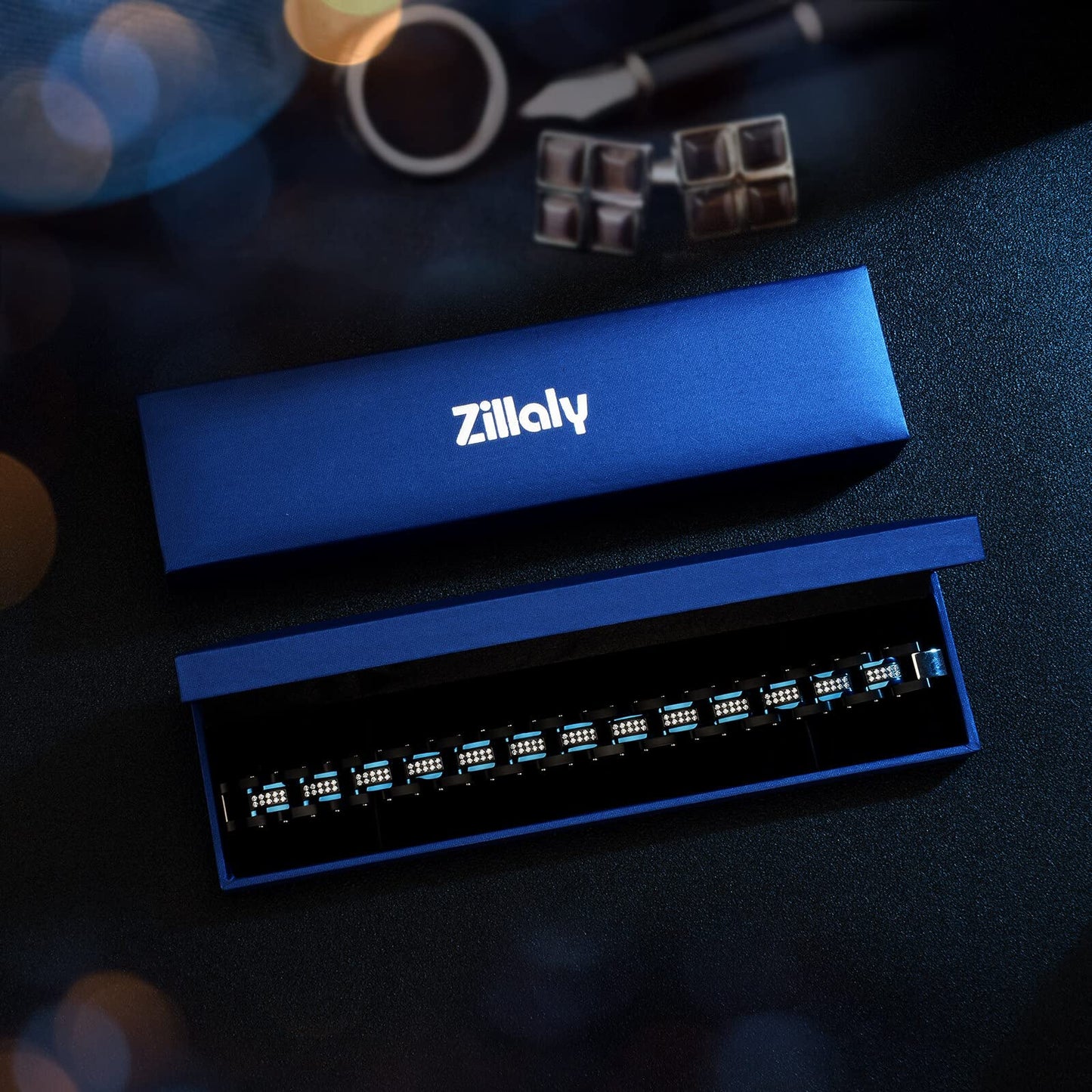 Ziallay Link initial bracelet hip hop jewel gift men Ms. Christmas birthday jewel gift boyfriend son fashion bracelet, diamond, double tone bracelet. (Silver black)