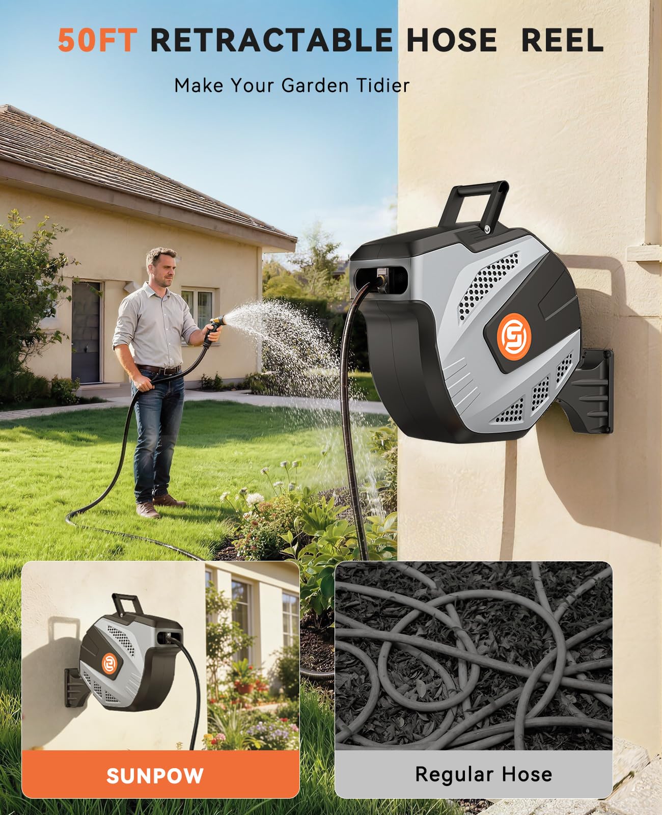 SUNPOW Retractable Garden Hose Reel - 1/2 inch x 50ft Wall Mounted Hose Reel with 3/4 inch Brass Fitting & 10 Function Sprayer Nozzle - Any Length Lock, Auto Rewind System, 180ยฐSwivel Bracket - Grey