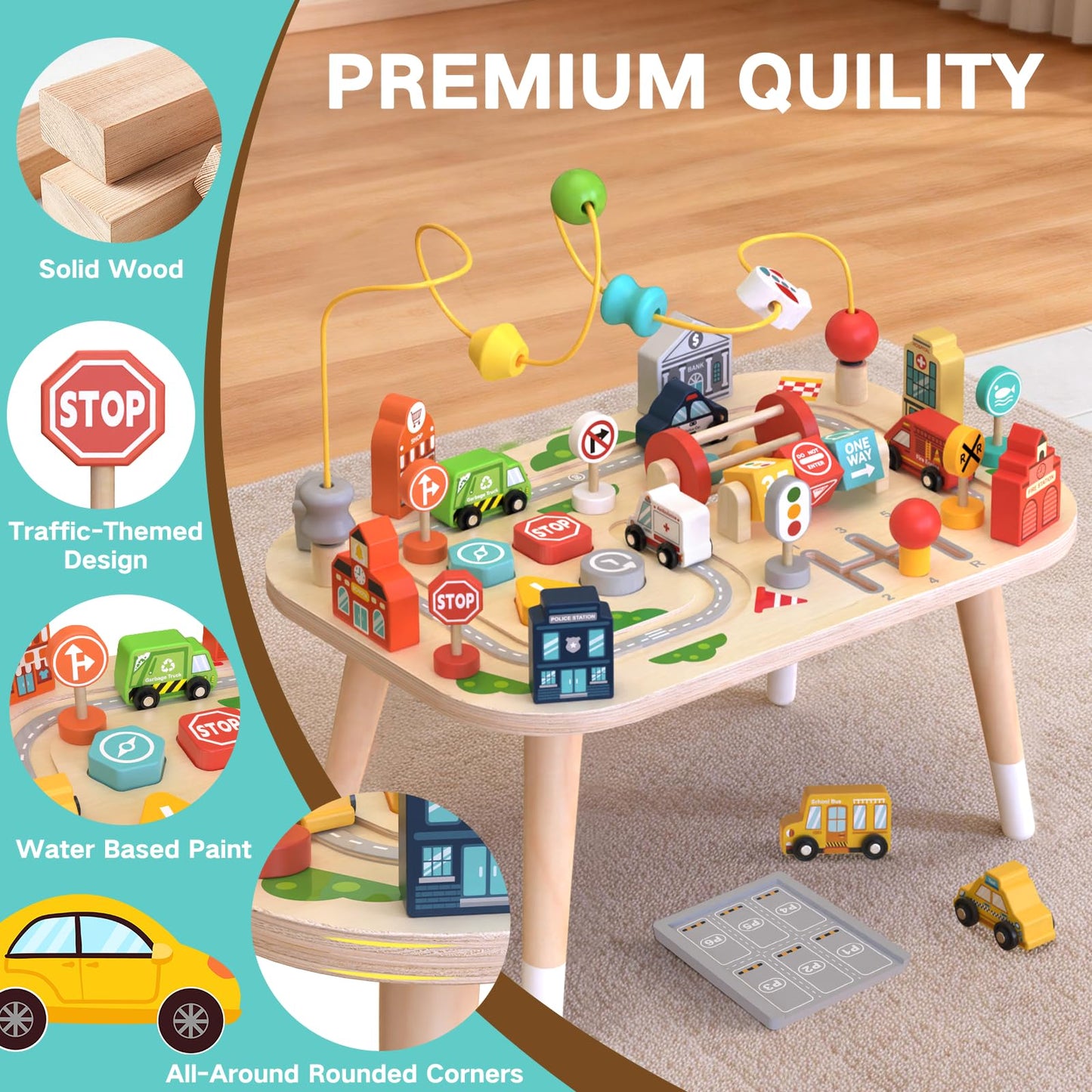 Wooden Montessori Activity Table for Toddlers, Baby Busy Table with Bead Maze, Shape Sorter, Cars & Road Signs, Traffic Learning Activity Center Sensory Toys for Birthday Gift Boys Girls 1+ Year Old