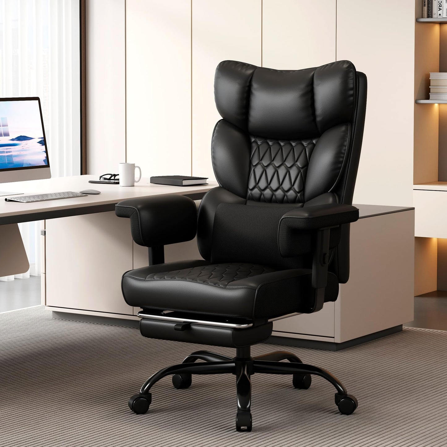 Misolant Big and Tall Office Chair with Footrest, High Back Executive Desk Chair with Adjustable Lift Armrest, 155°Recline,Lumbar Support Pillow, Faux Leather Gaming Chairs for Home or Office Black