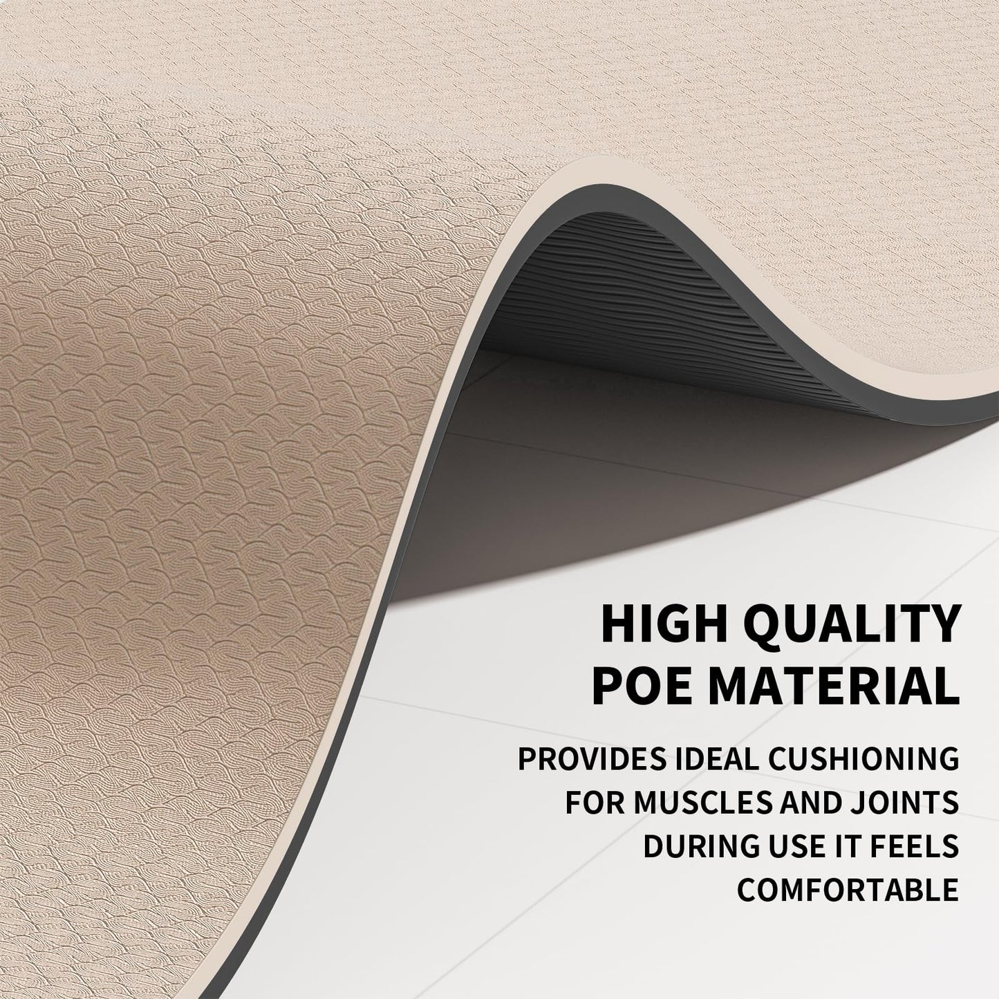 10mm Large Yoga Mat (6'x 4') - Extra Long and Wide 72 x 48 x 0.4 inches, Non-Slip POE Fitness Mat, Eco-Friendly, Thick Wide Exercise Mat for Home Workouts,Ideal for Yoga and Pilates. (Beige+Black)