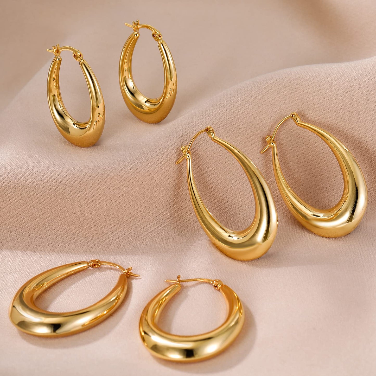 PABBEU Chunky Gold Hoop Earrings for Women, Lightweight 14k Golden Plated Hoops Earrings, Hypoallergenic 925 Oval Golds Hoops Earrings, Thick Gold Hoop Earrings for Women Gifts (38mm)