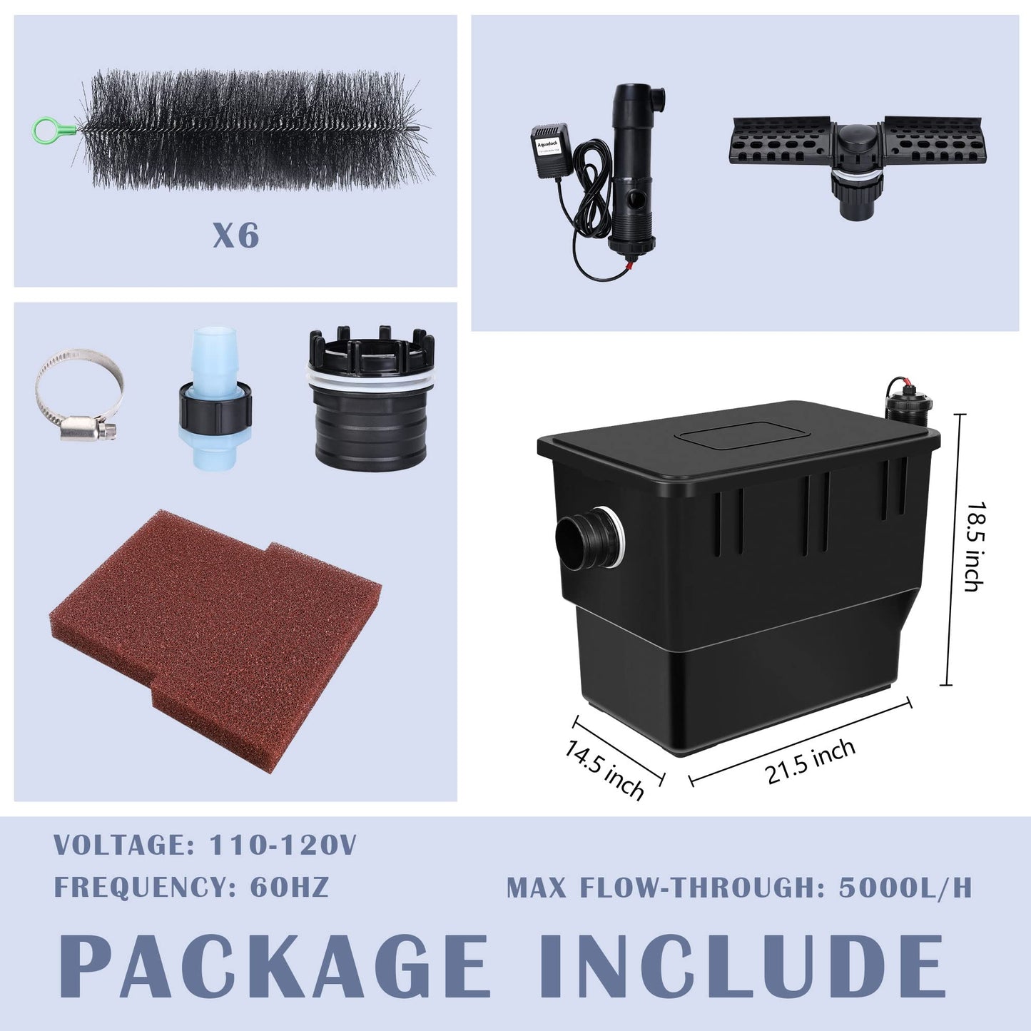 Aquadock Koi Pressure Filter, Pool Flow Fish Pond Filter with 6 Filter Brushes and Filter Sponge Filters, Fit up to 3200 Gallons(Pond Filter)