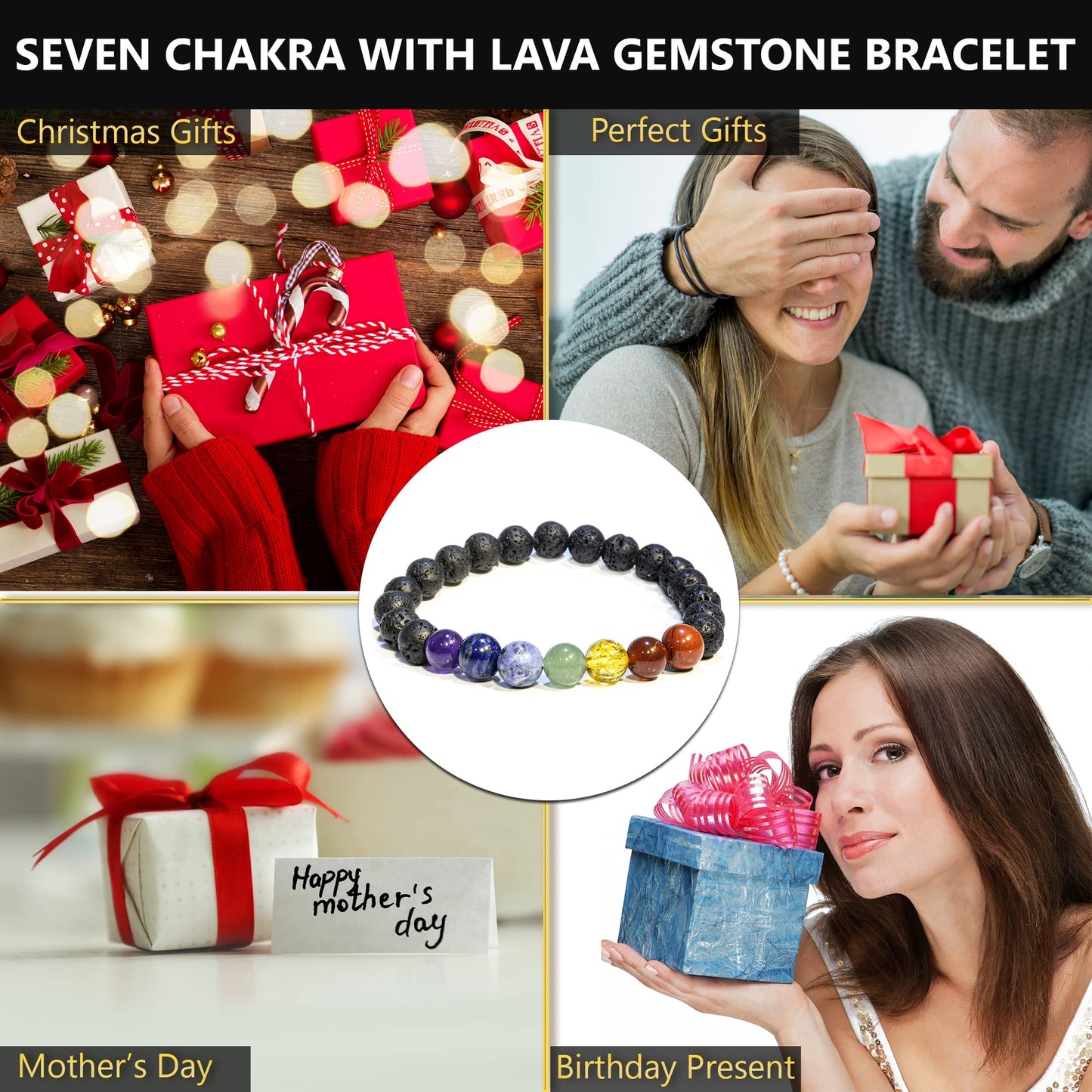 ANAYA AGATE Lava Rock 7 Chakra Bracelet, Natural Healing Crystal Bracelet for Women and Men, 8mm Round Beaded Bracelet for Spiritual , Protection, Positive Energy, Elastic Adjustable Size Gemstone Bead Bracelet