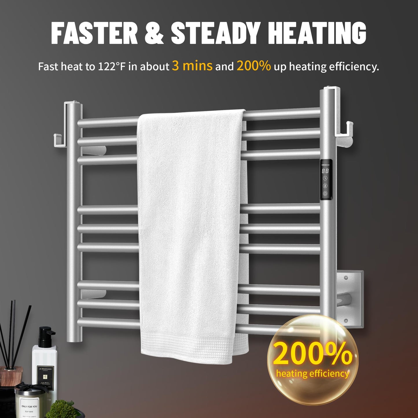 K&KALONZO Towel Warmer for Bathroom, Wall-Mounted 9-Bar Heated Towel Rack with Built-in Timer, Waterproof Electric Towel Heater, Support Plug-in and Hardwired, Brushed, EL13S