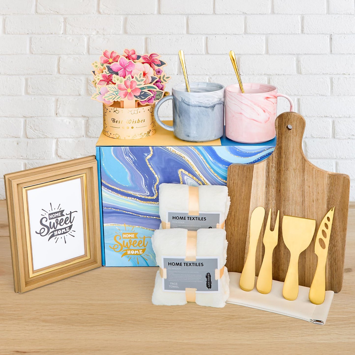 15Pcs Luxury House Warming Gifts New Home, Housewarming Gift Basket for Couples Friends First Apartment, Closing Gifts for Home Buyers, with Unique 3D Card Acacia Cutting Board Gold Cheese Knives