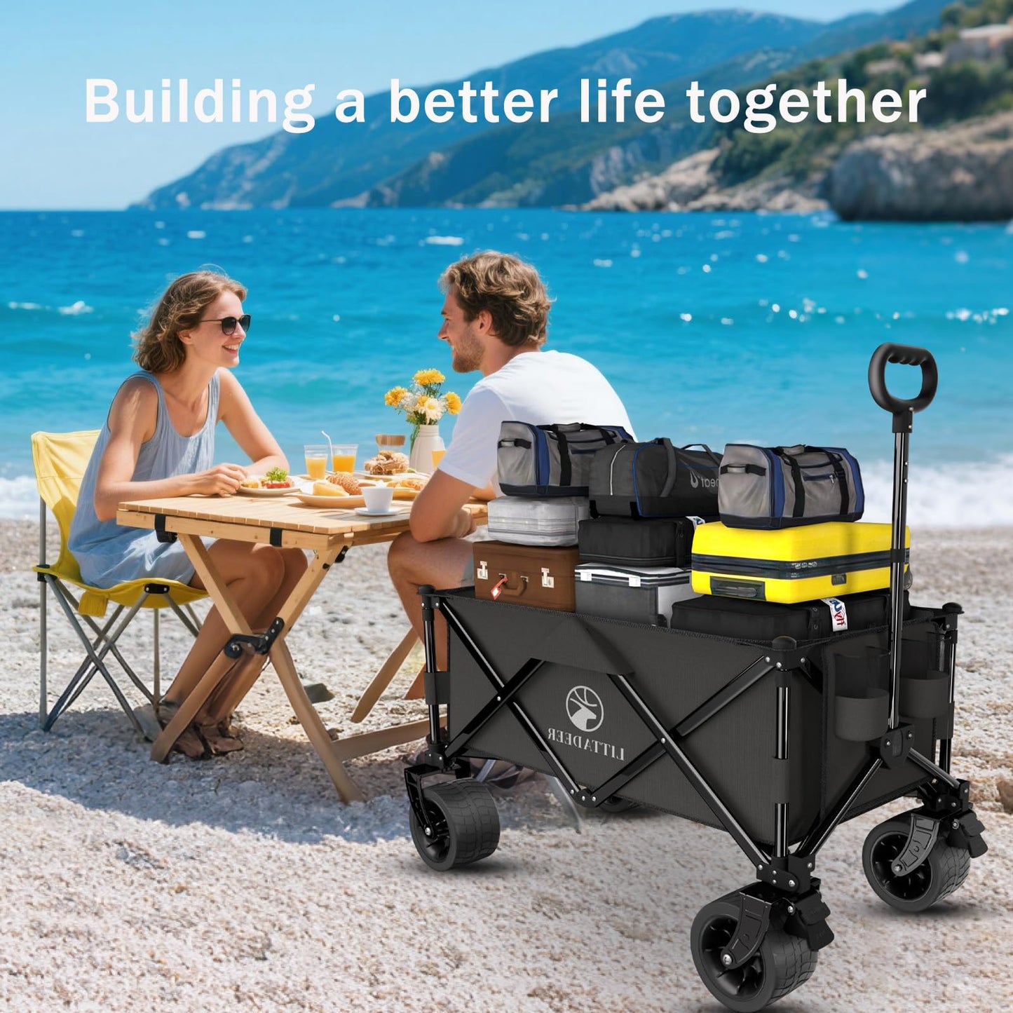 Littadeer Wagons carts Foldable with Silent All-Terrain Wheels, Collapsible Heavy Duty Beach Wagon with Cup Holders and Brakes, Large Foldable Wagon for Camping,Garden,Shopping,Sports Black