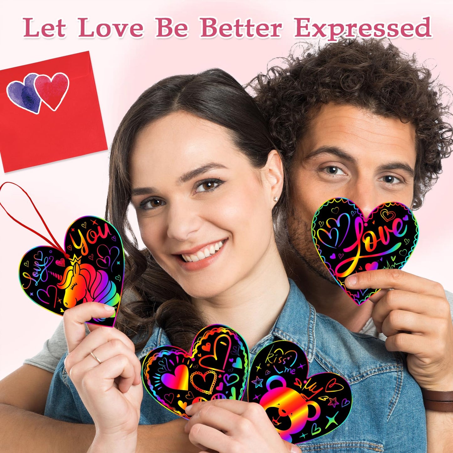 JMUQ 44Pack Valentine's Day Scratch Art Set, Heart-Shaped Rainbow Scratch Cards, Envelopes, Heart Stickers, Perfect Craft Kit for Classroom School Exchange Prizes Party Favors Creative Gifts