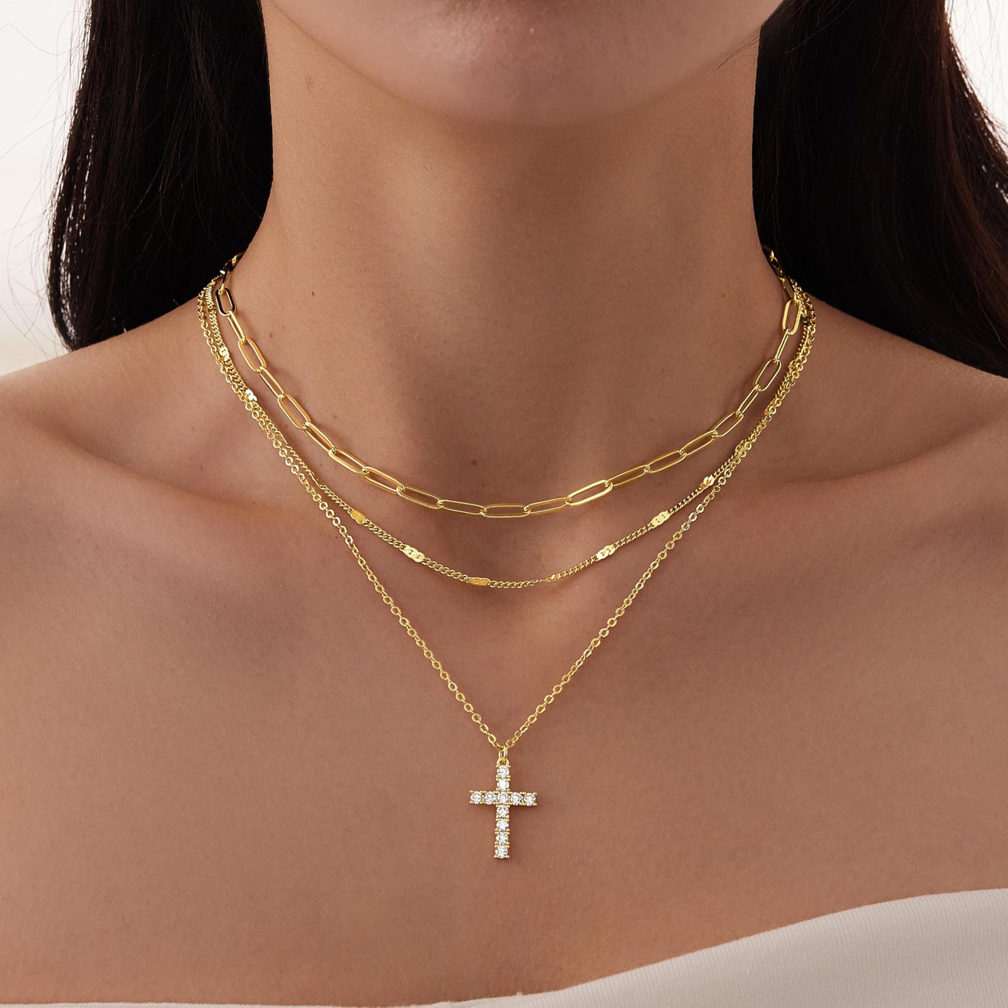 Layered Gold Cross Necklaces for Women,14k Gold Plated Dainty Stackable Choker Necklaces for Women,Trendy Layering Cubic Zirconia Cross Pendant Paperclip Thin Chain Necklace Set Jewelry Gifts for Women