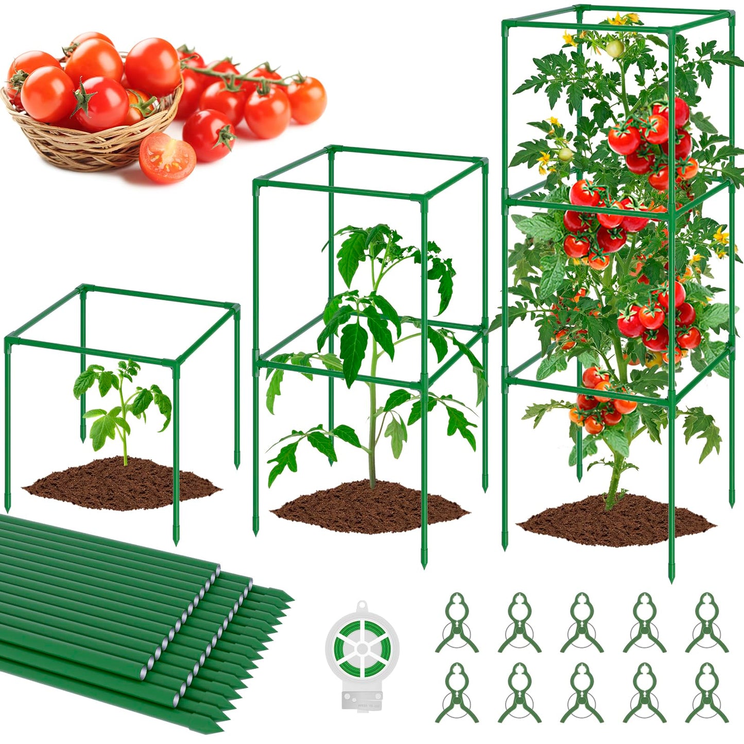 WLLEYAY 3 Pack Tomato Cages, Square Tomato Plant Stakes Support Cages Trellis, 50 * 17 * 17in Heavy Duty Steel Plant Tower Stakes Cucumber Trellis for Garden Climbing Vegetables Flowers Fruits, Bold