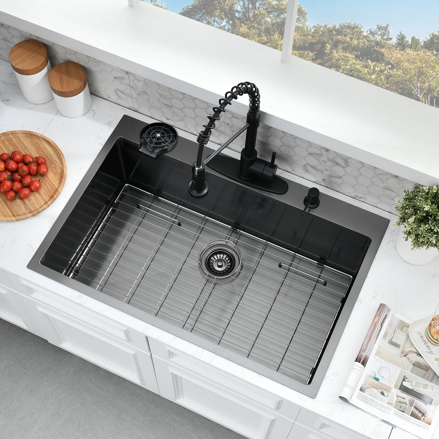 SOMRXO 33x22 Drop In Kitchen Sink and Faucet Combo Set, Black Stainless Steel Kitchen Sink with Cup Washer,9 Inch Deep Single Bowl with Accessories, Heavy-Duty & Easy-Clean Design