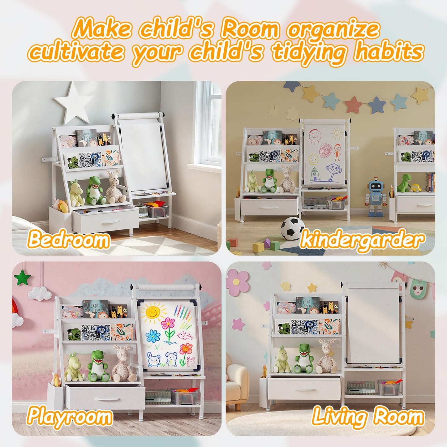 Faesun 4-in-1 Art Easel for Toddlers with Bookshelf and Toy Organizer, Kids Drawing Easel with Paper Roll & Magnetic Whiteboard, Birthday Gift for Ages 2–8, Boys & Girls