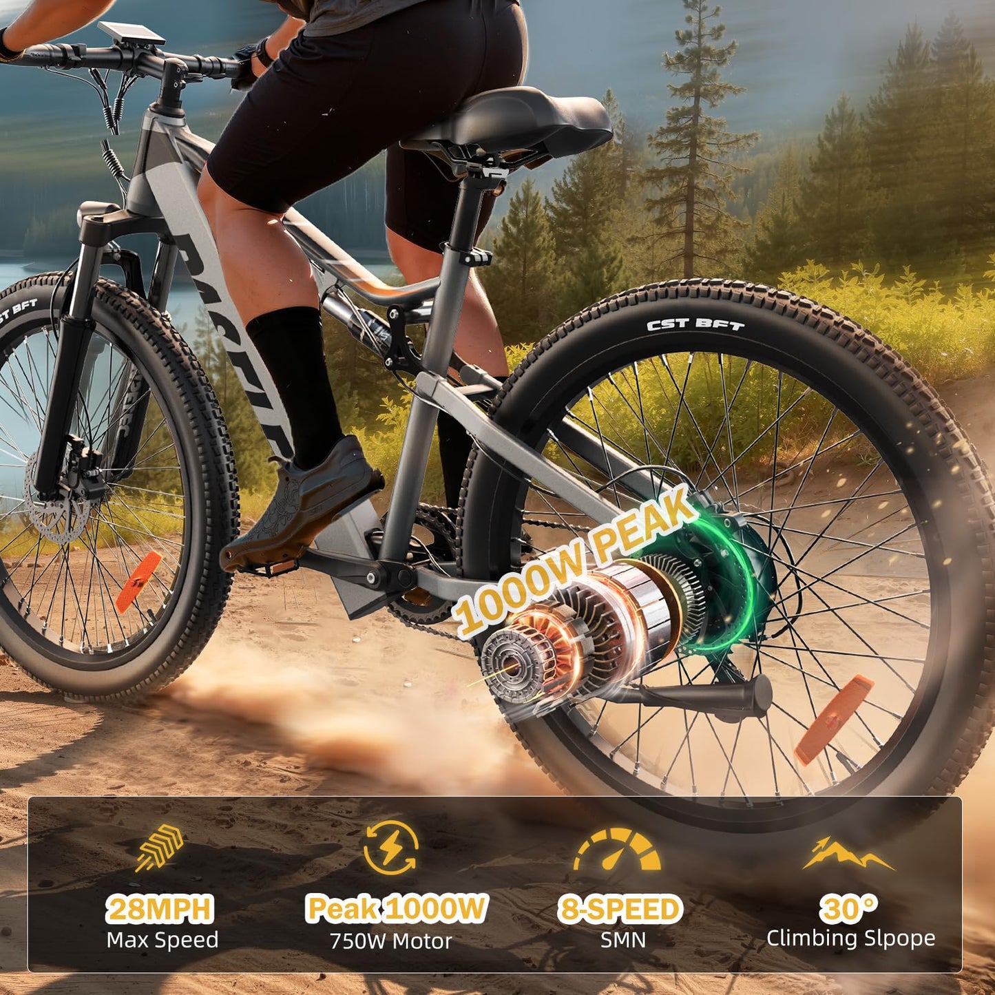 PASELEC Electric Bike for Adults, 27.5''*3.0 City Mountain Ebike with Peak 1000W 35MPH Brushless Motor, 768Wh Removable Battery, Up to 70 Miles Range 8-Speed &Dual Hydraulic Suspension Shock Absorber