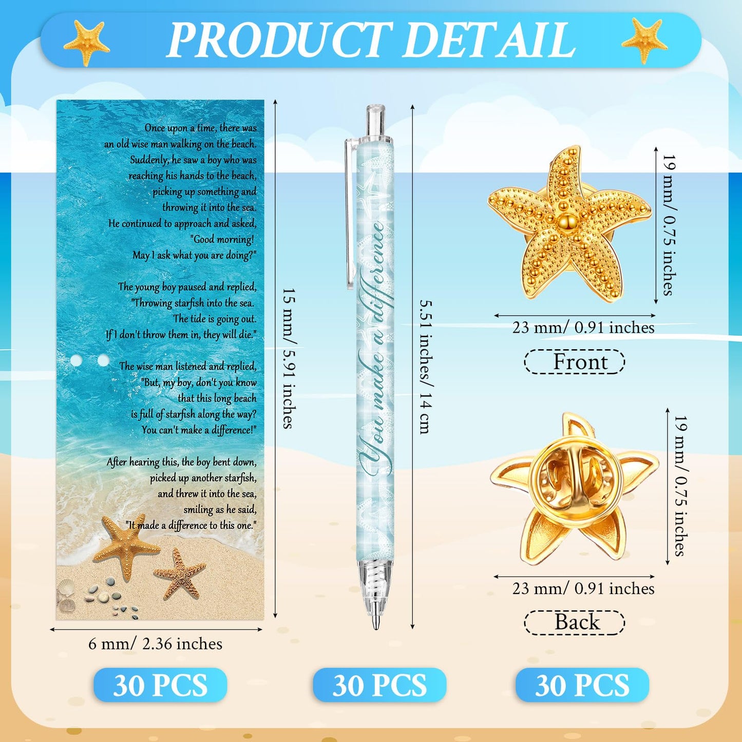 Sayglossy 30 Sets Starfish Story Gifts You Make a Difference Pens Starfish Lapel Pins with Inspirational Story Cards Bulk for Volunteer Teacher Employee Coworker Staff Appreciation
