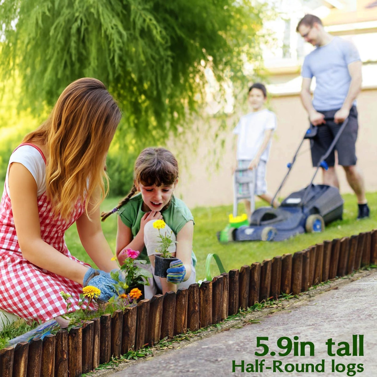 Wood Garden Edging for Landscaping – Half-Round Border Fence for Flower Beds, Pathways & Patio, Natural Decorative Wooden Panels for Garden Landscaping, 7.8in H x 4.0 ft L (1 Pack)