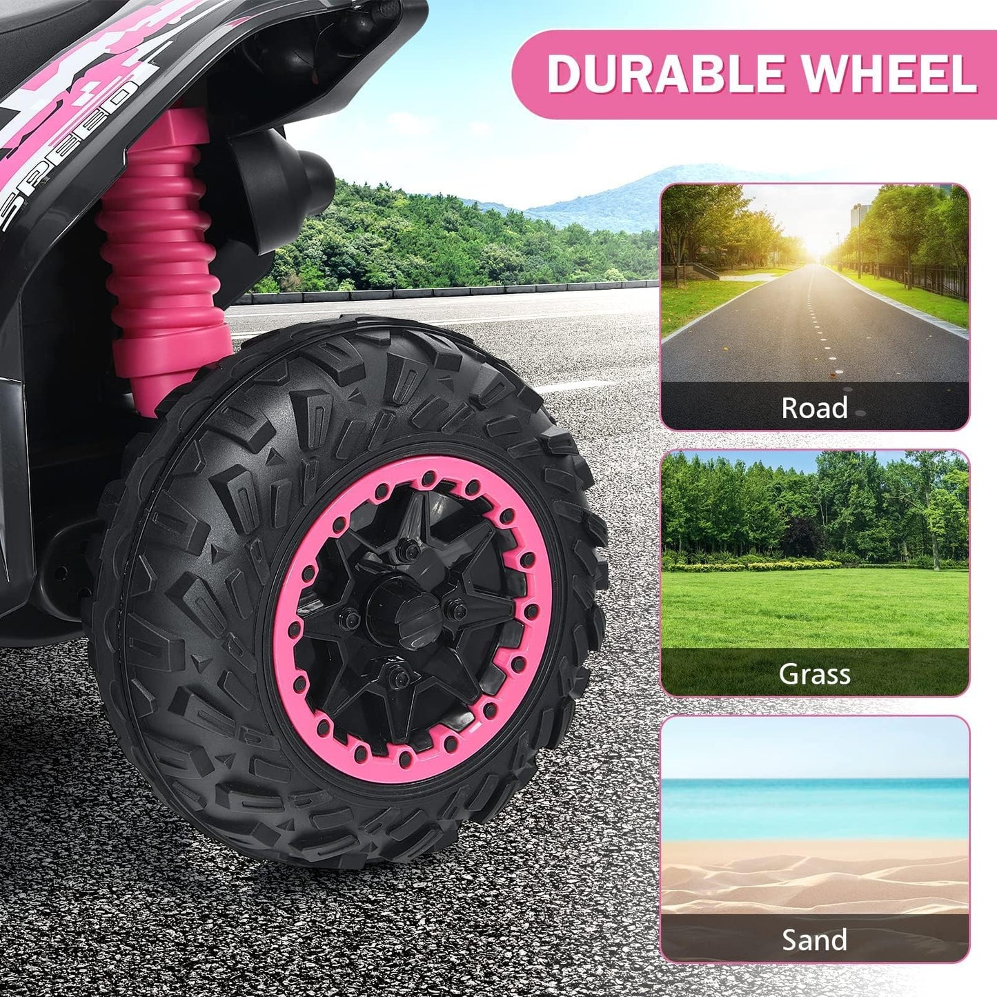 INFANS Kids Ride on ATV, 12V 4 Wheeler Quad Toy Vehicle with Music, Horn, High Low Speeds, LED Lights, Electric Ride On Toy, Battery Powered Wheels Car for Kids 3-8 Years Old (Pink)