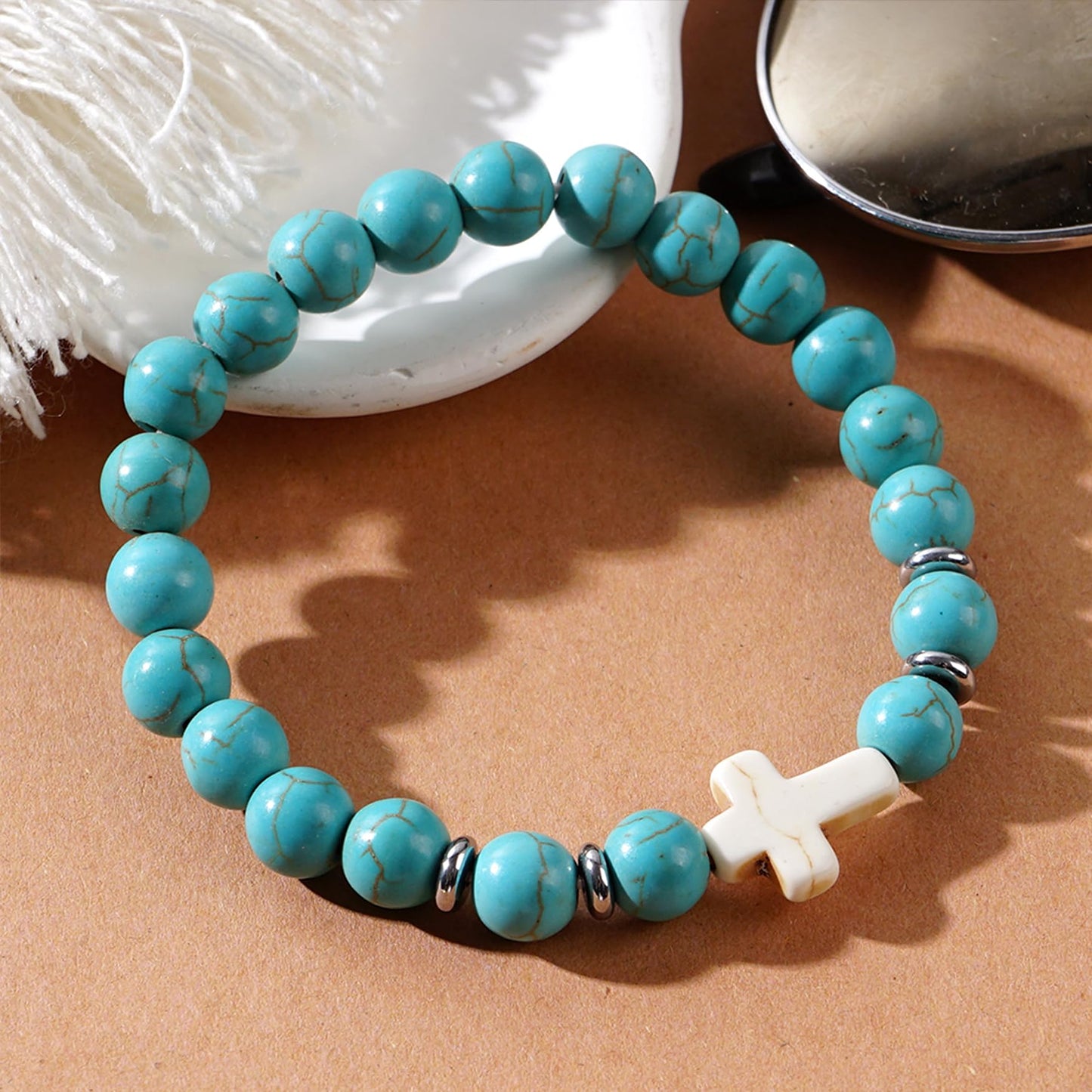 Frigotine Cross Created Turquoise Beads Stretch Protection Bracelet for Man Woman, Handmade Healing Stone Chakra Beads Elastic Bracelets Religious Accessories Fashion Jewelry Fathers Gift