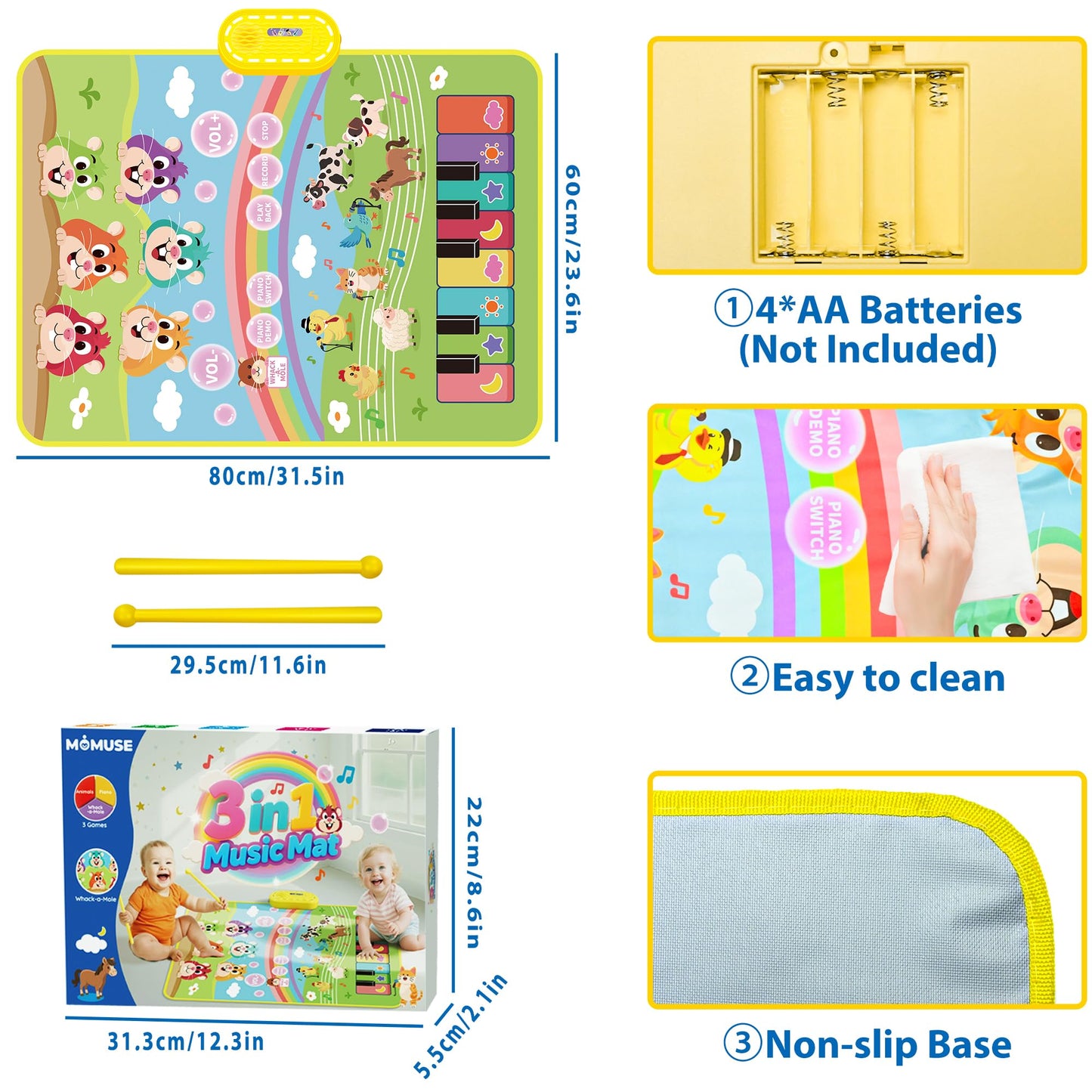 MOMUSE 3-in-1 Piano Music Mat for Kids, Whack-a-Mole Game Floor Play Mat with 30 Sound & Function Keys, Sensory Musical Toys for Baby Girls Boys Toddlers 1 2 3 4 5 6 Years Old