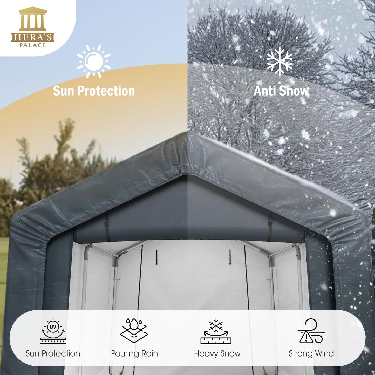 HERA'S PALACE 8x12ft Heavy Duty Carport Motorcycle Storage Shed Small Outdoor Anti-Snow Portable Canopy Shelter with 2 Doors Garage Tent for Garden Tools Bike