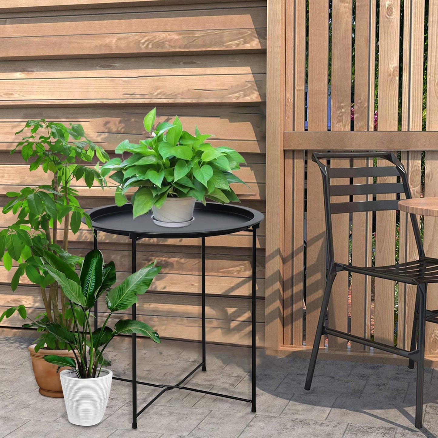 Garden 4 you End Table Metal Side Table Black Round Folding Tray Cyan Sofa Small Accent Fold-able Table, Round End Table Tray, Next to Sofa Table, Snack Table for Living Room and Bed Room