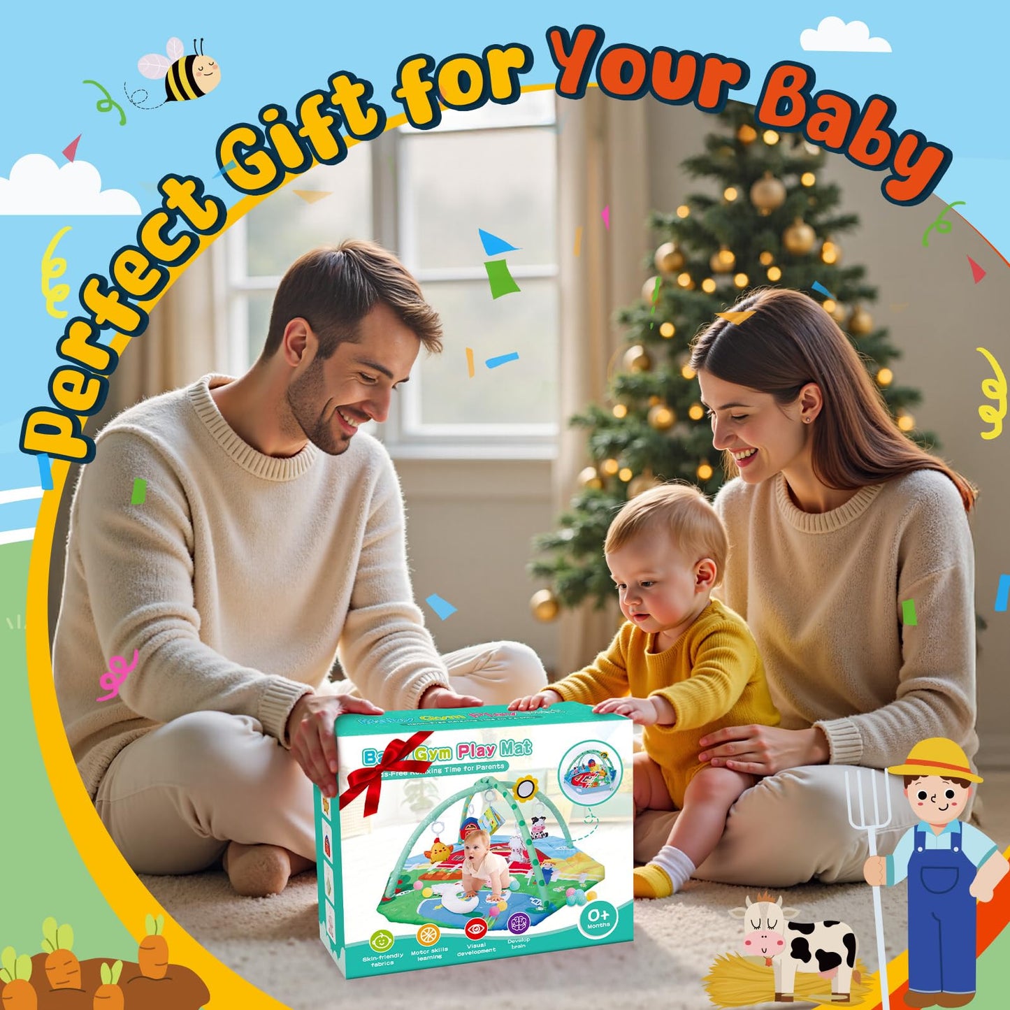 Farm Animal Baby Gym Play Mat, 9-in-1 Tummy Time Mat with 7 Baby Toys, Washable Baby Activity Mat for Visual, Sensory, Motor Development, Newborn Baby Toys Gift for Toddler 0-3-4-6-9-12 Months
