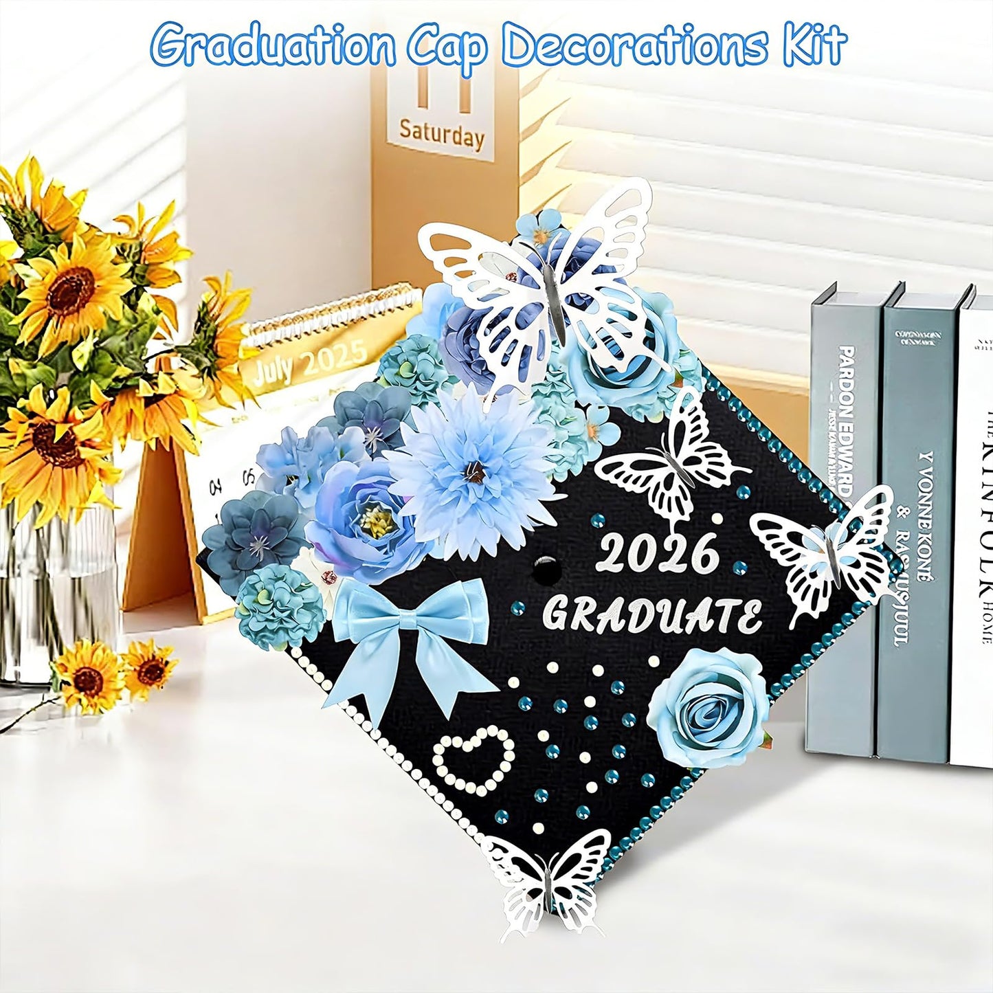 69 Pcs Graduation Cap Decorations Kits, Grad Cap Topper Decorations Included Faux Flowers 3D Butterfly Bow Rhinestones Alphabet Letter Stickers for Graduation Cap Topper DIY Craft Art Decor (Blue)