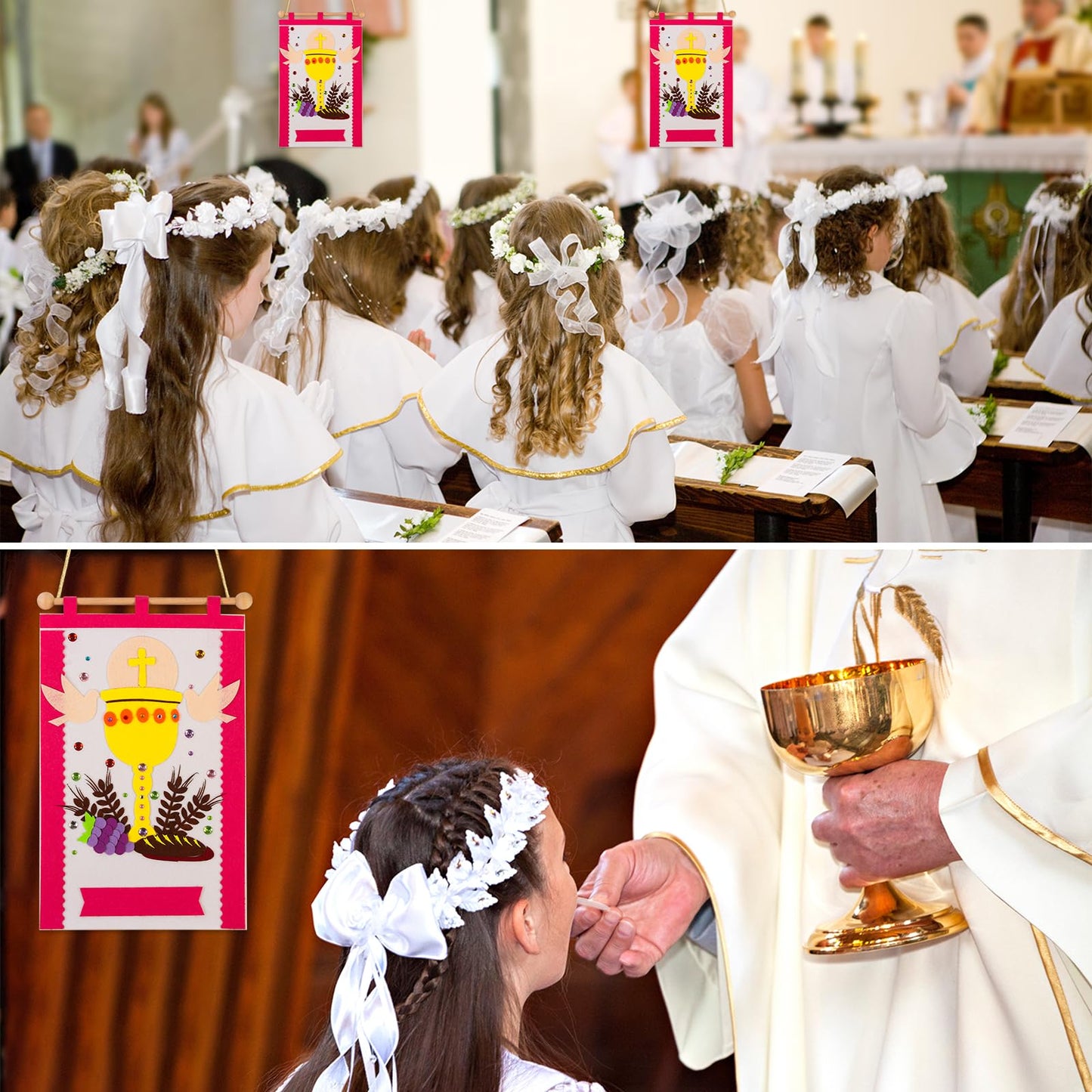 First Communion Banner Kit Girls 9 x 14 Inch First Holy Communion Banner kits Sunday School DIY Arts and Crafts kit for kids First Communion Gifts for Girls or Boys (Pink)