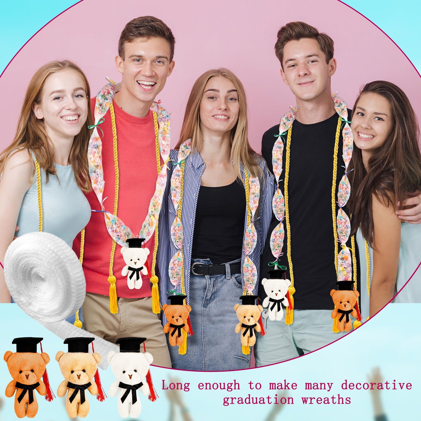 Conagel 89 Pcs Graduation Stuffed Bear Candy Lei Making Kit Included 55 pcs 66 ft Candy Lei Tubing Mesh Bags 10 Colors Ribbon 24 Graduation Bears for DIY Graduation Wreaths Party Favors