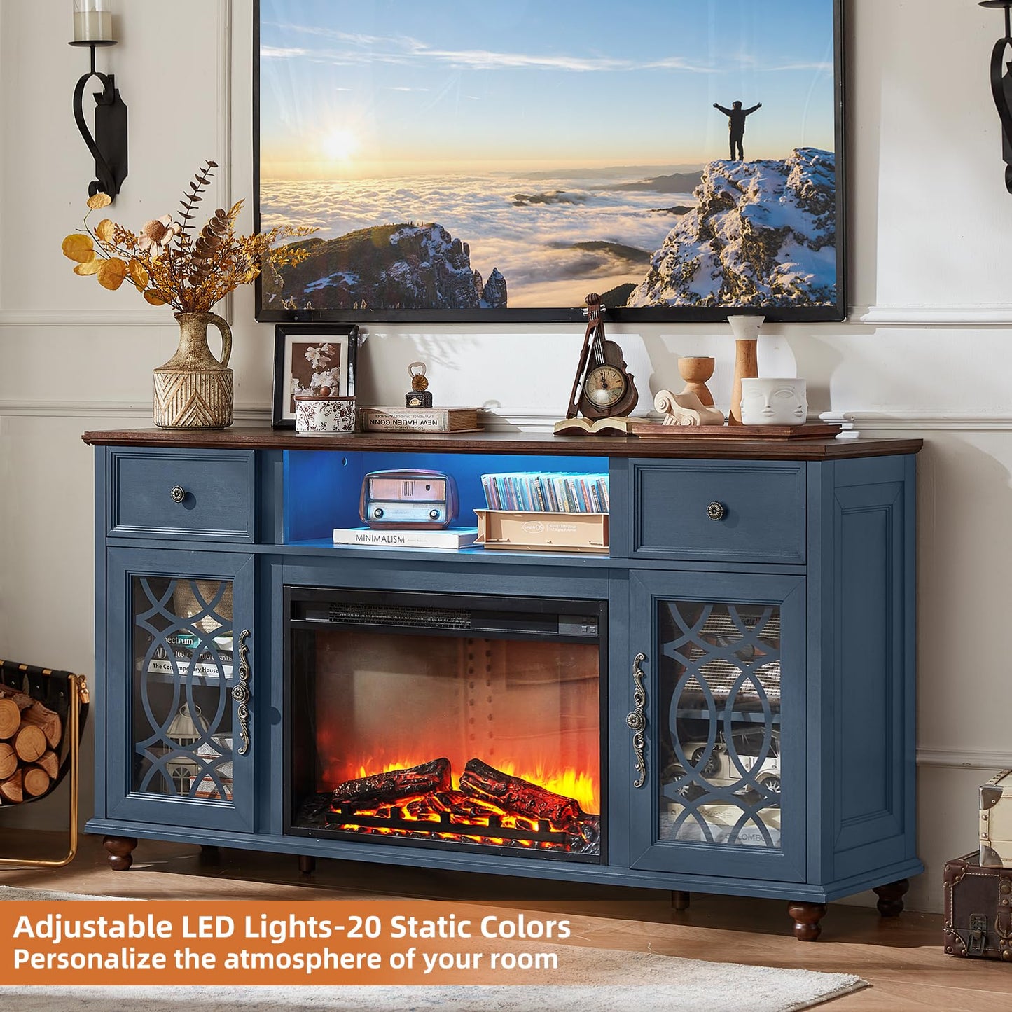 Joaxswe Farmhouse Fireplace TV Stand, 59" Entertainment Center with Electric Fireplace & LED Lights for TVs up to 65'', Glass Door Fire Place TV Stands for Living Room, Media Console w/Drawers, Blue