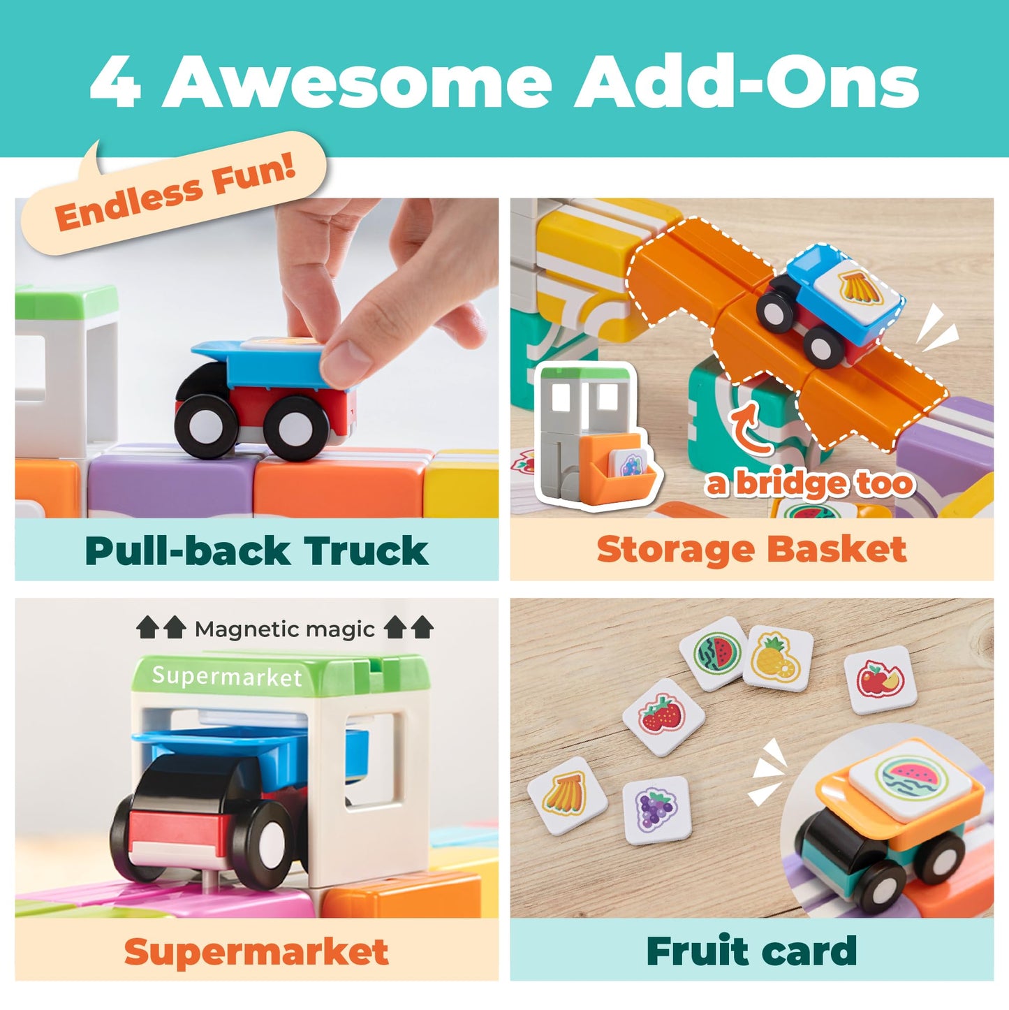 QBI Magnetic Blocks for Toddlers Ages 2-4|STEM Magnetic Building Blocks with Trucks & Fruit Tiles|Montessori Magnet Building Cubes for Kids|Educational Gifts for Boys & Girls Ages 2+ (32PCS)