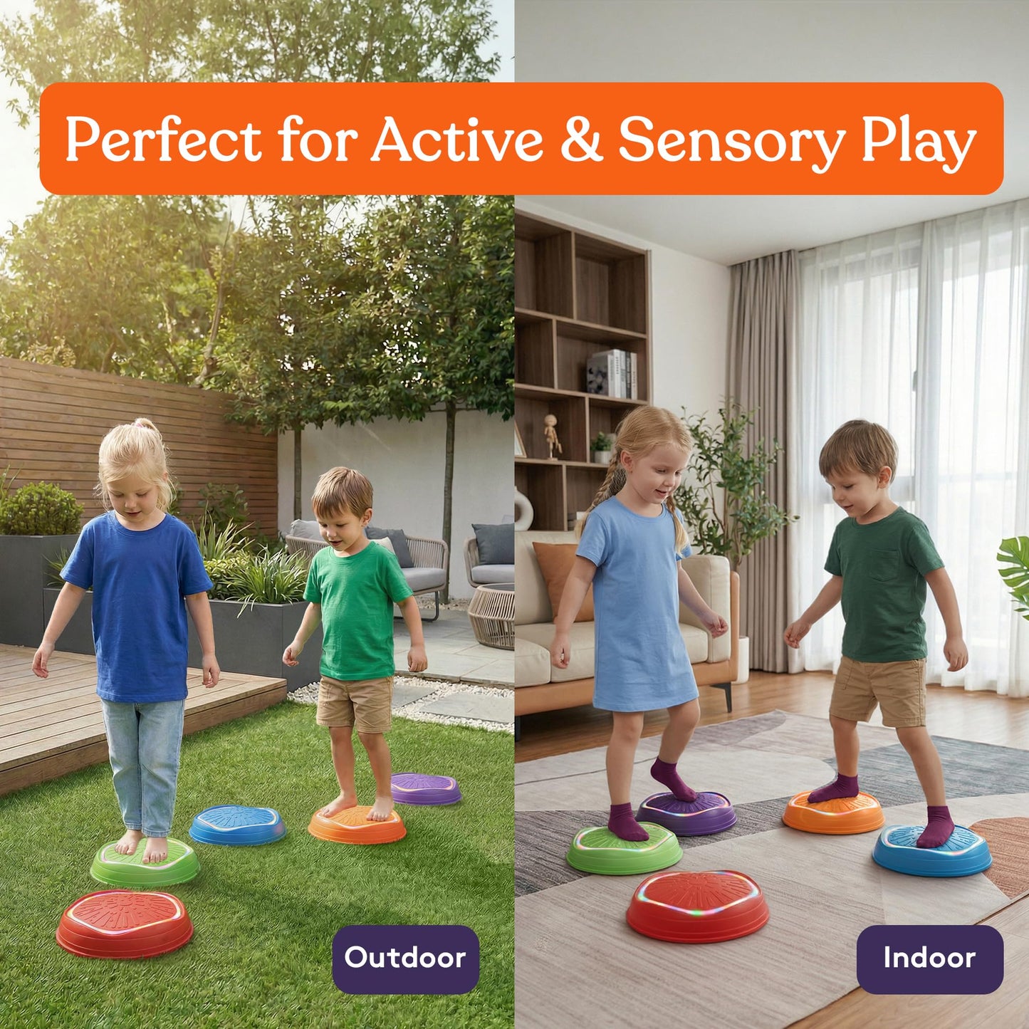 Special Supplies MUSICAL LED Stepping Stones for Kids -Light-Up Balance Blocks- Coordination & Balance for Toddlers & Children- Durable Non-Slip Rubber, Safe Indoor & Outdoor Play-Set of 5