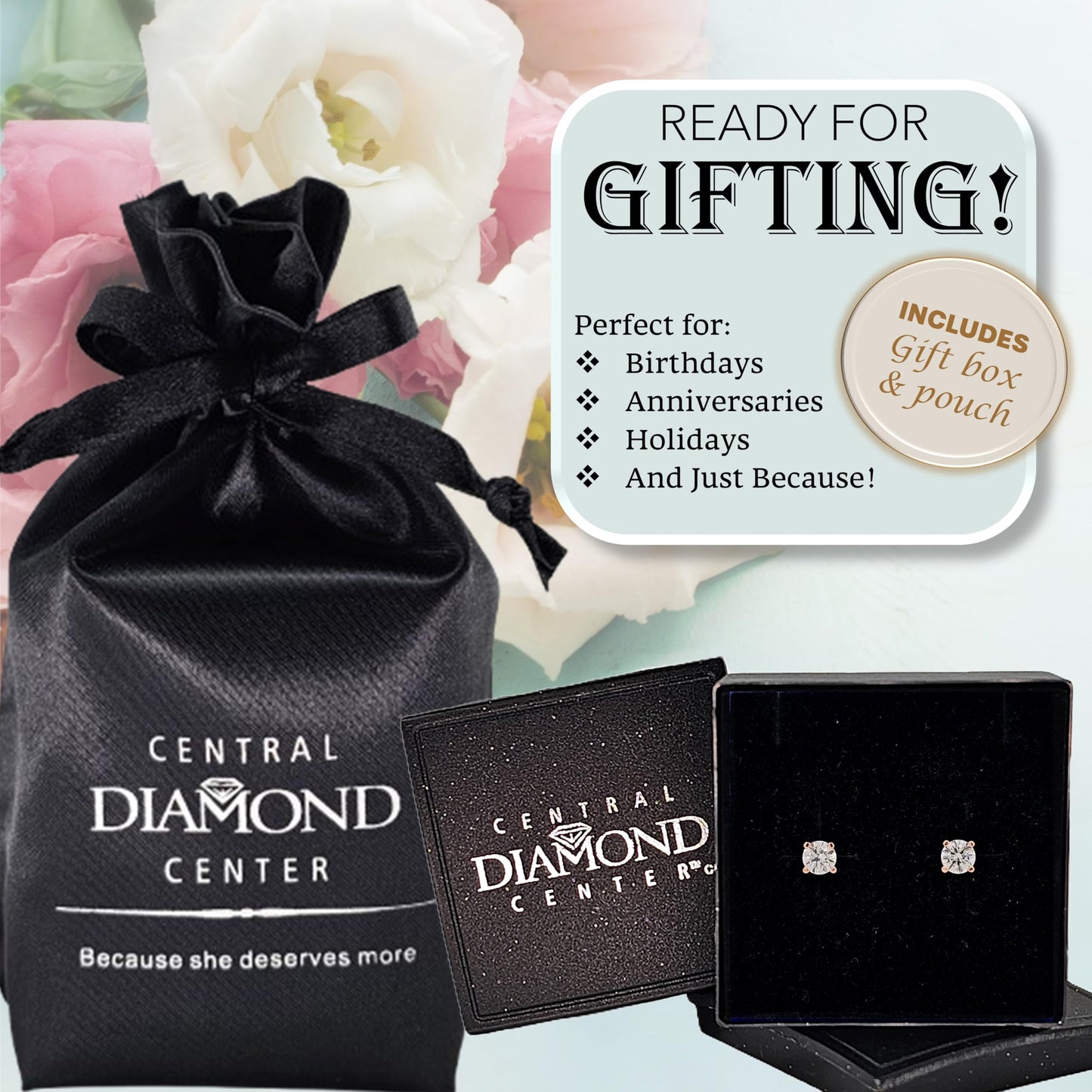 Central Diamond Center 14K Solid Gold Post & Sterling Silver Made with Swarovski 4 Prong CZ Stud Earrings - Rose Gold Plated - 4.0mm - 0.50cttw