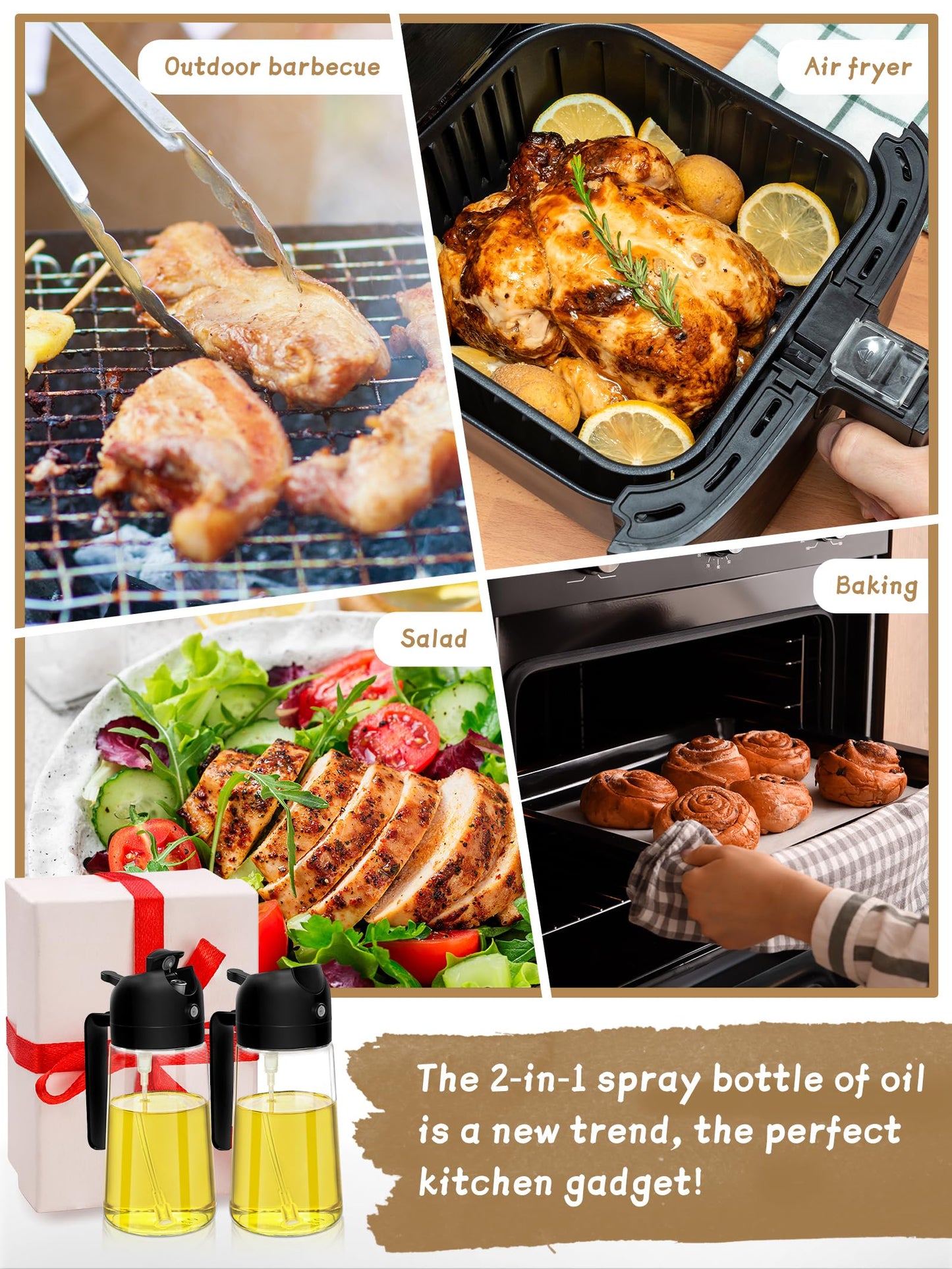 Kitchen Gadgets Oil Sprayer for Cooking 2pcs,Oil Dispenser for Kitchen,2 in 1 Oil Dispenser and Oil Sprayer,16oz Olive Oil Dispenser Bottle for Air Fryer,Salad, Grill (Black Kitchen Accessories)