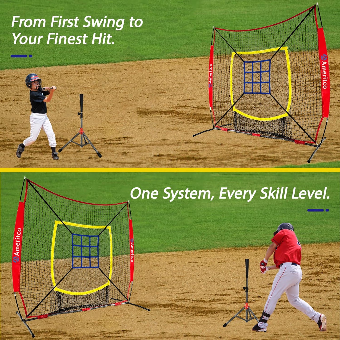 Ameritco Baseball Net,7x7ft Baseball Practice Net with Tee and Target, Large Pocket Sports net for Hitting/Batting/Pitching/Throwing,Scratch Resistant Base, Versatile Use for All Levels (Red)