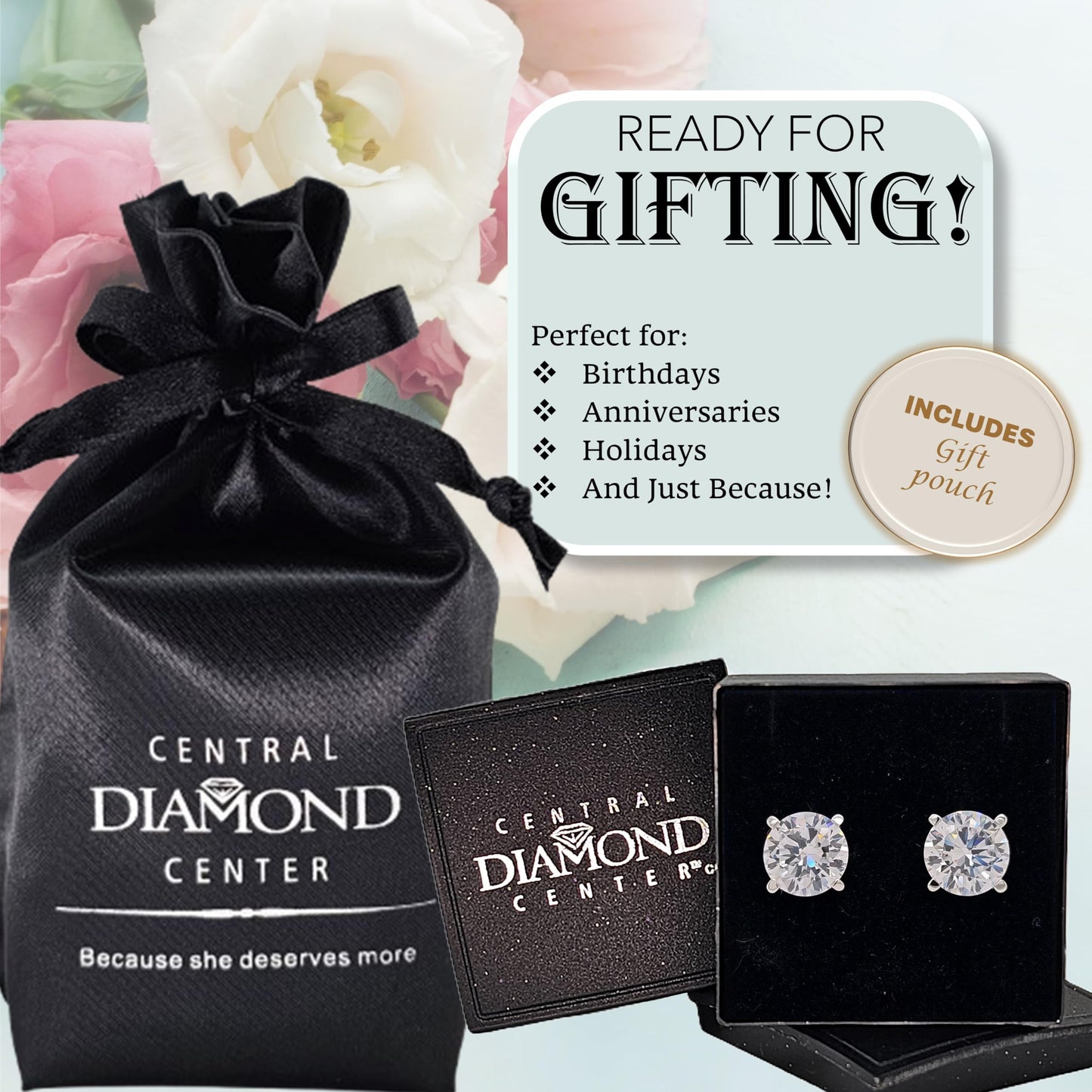 Central Diamond Center Round Simulated Diamond Stud Earrings Hypoallergenic Metal & Sterling Silver CZ - 9.50mm (7.00cttw) Platinum