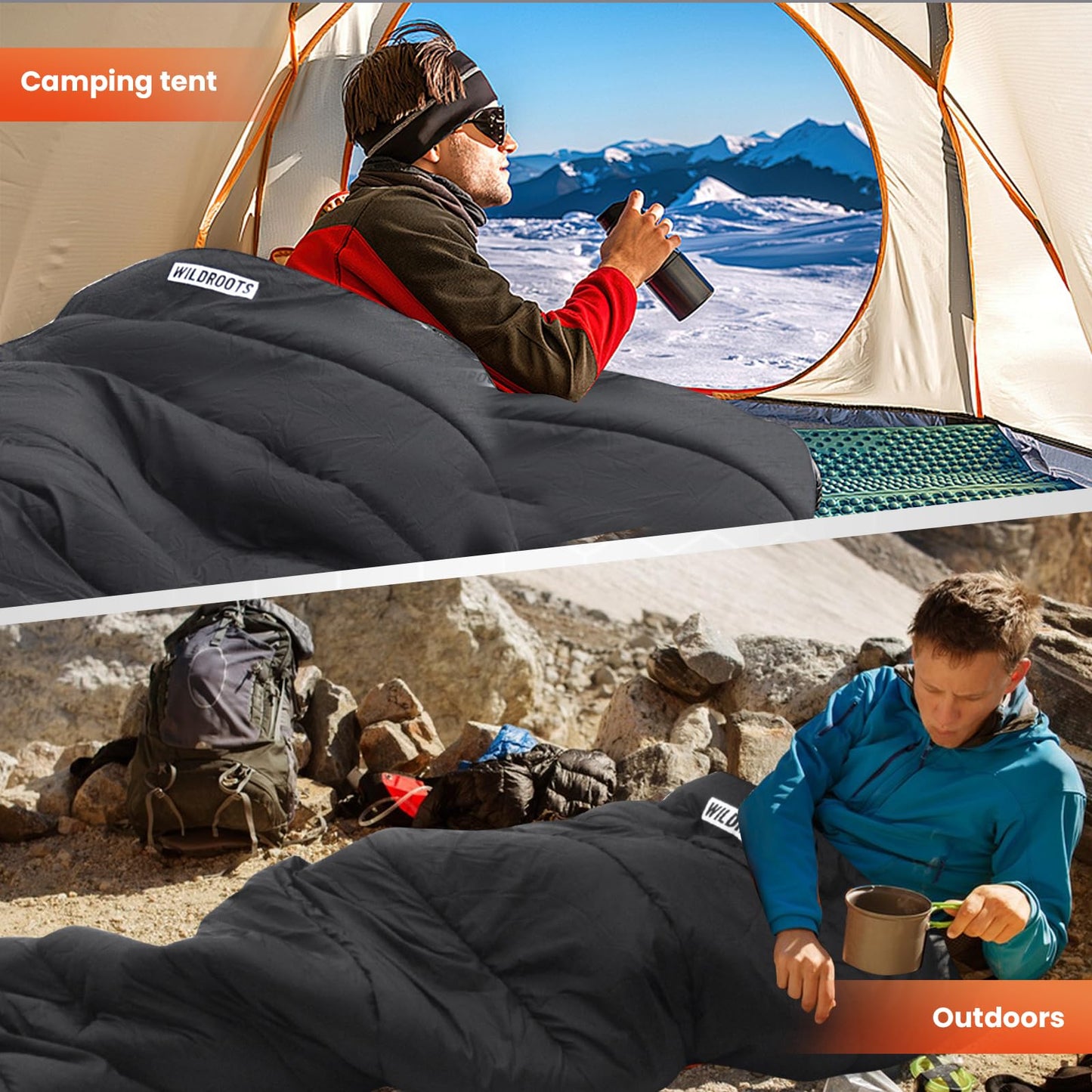 WILDROOTS Sleeping Bags for Adults, Backpacking Lightweight, All Season Sleeping Bag for Camping Hiking Outdoor, Travel Hunting with Compression Bags
